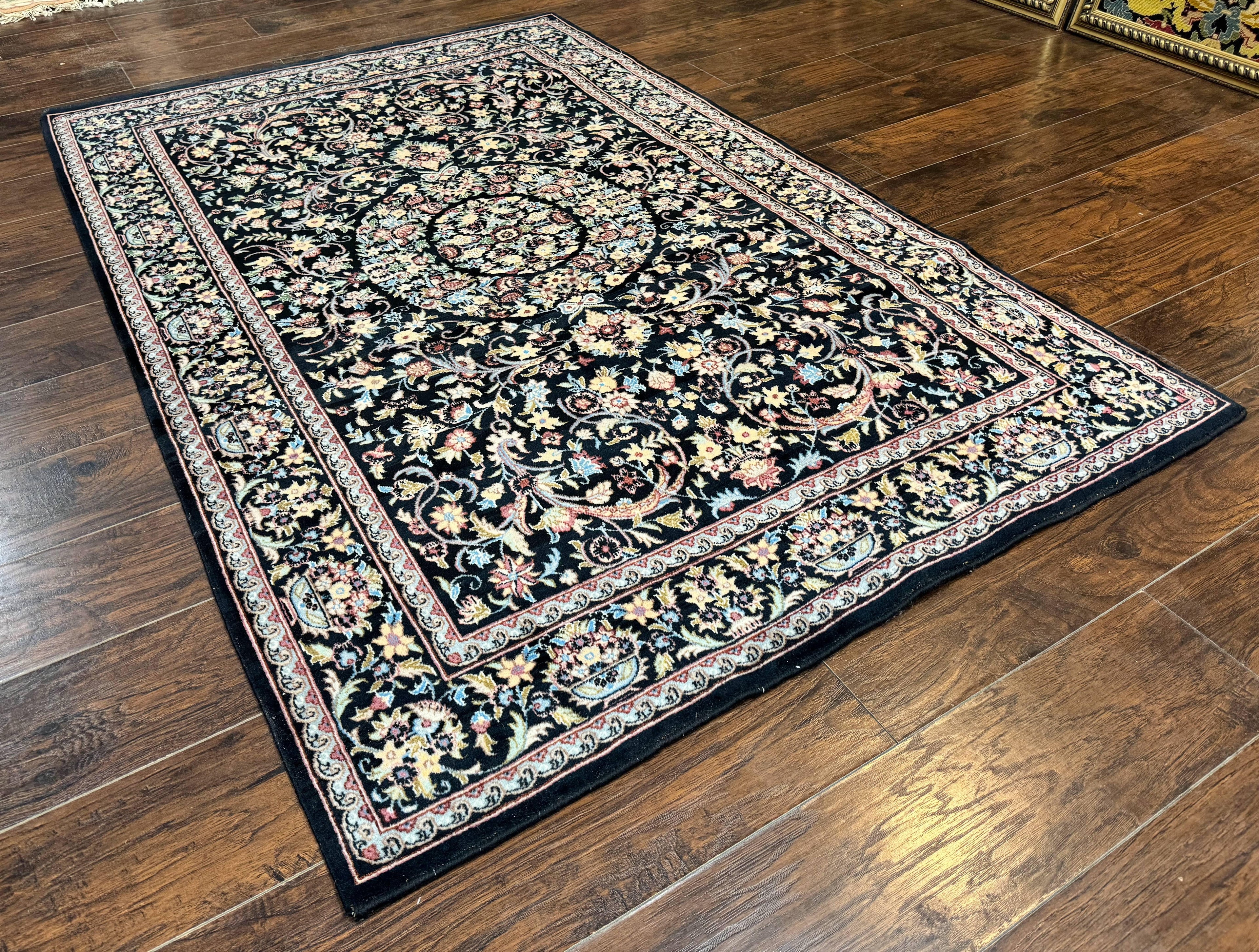 Pak Persian Rug 5x7, Floral, Colorful, Handmade Vintage Wool Rug, Finely Hand Knotted 225 KPSI, Black