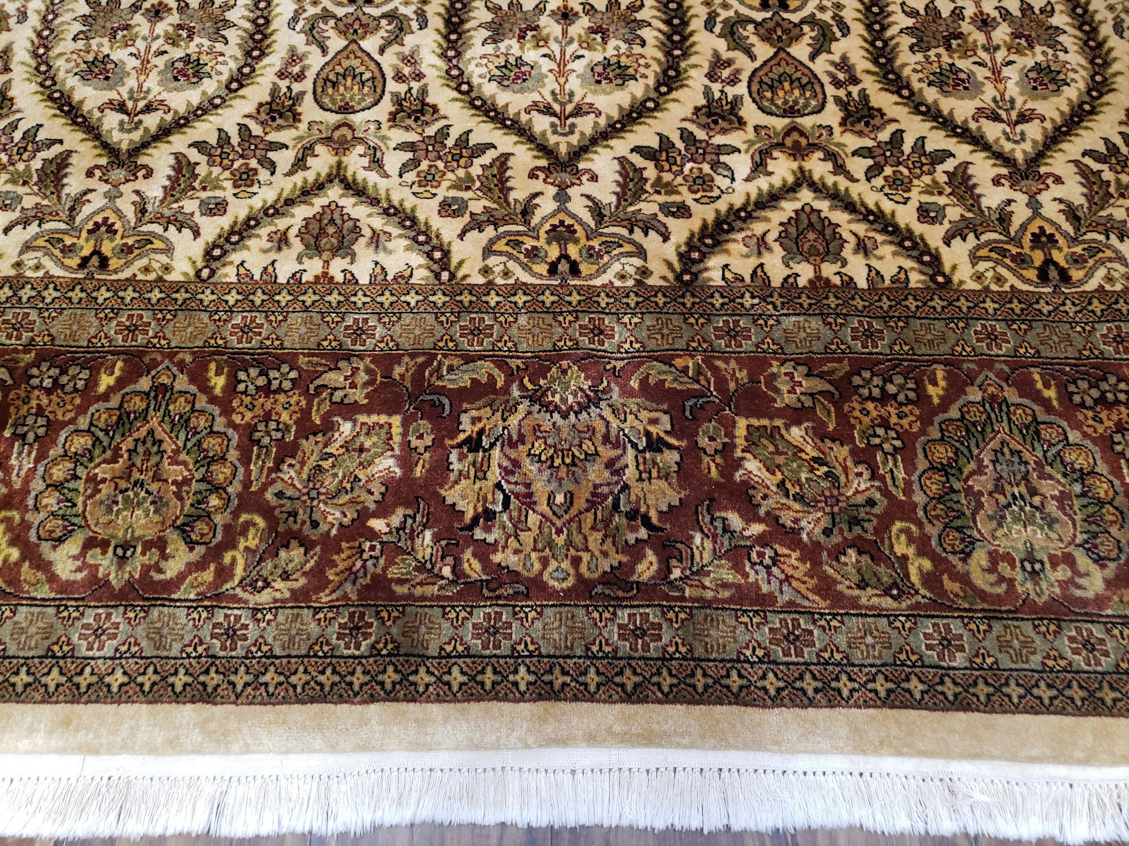 Vintage Indo Persian Area Rug 9x12, Wool Hand-Knotted Ivory & Dark Red Oriental Carpet, Fine Weave 9 x 12 Indian Rug, Dining Room Rug