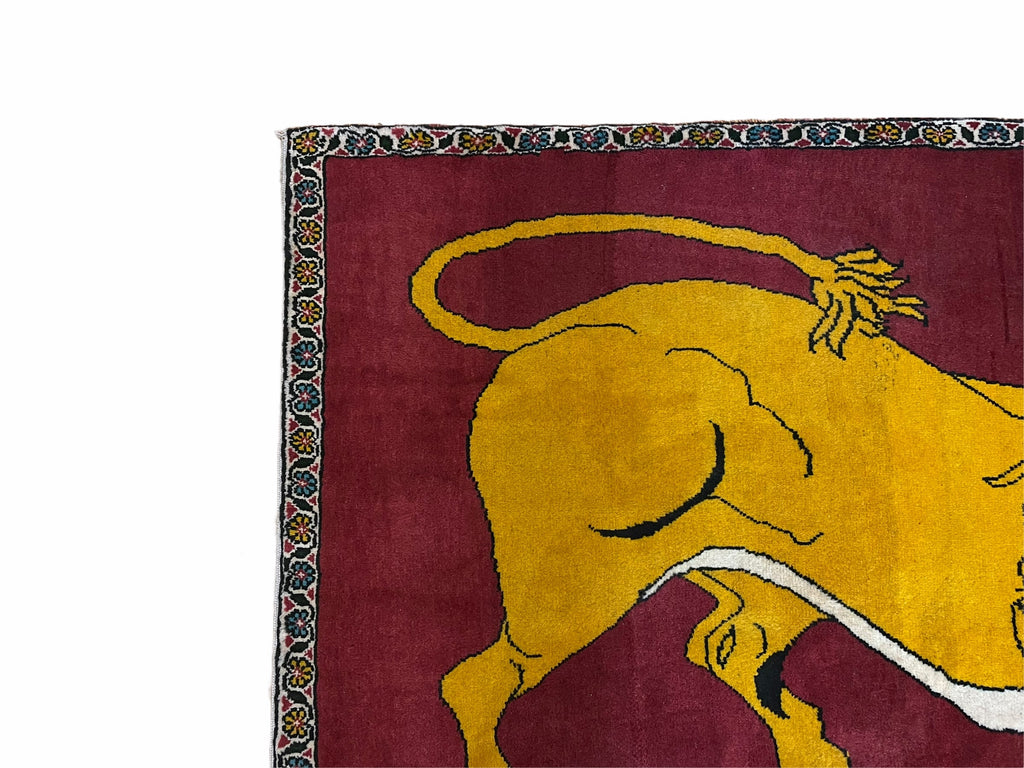Persian Gabbeh Rug 3x4, Lion Pictorial, Red