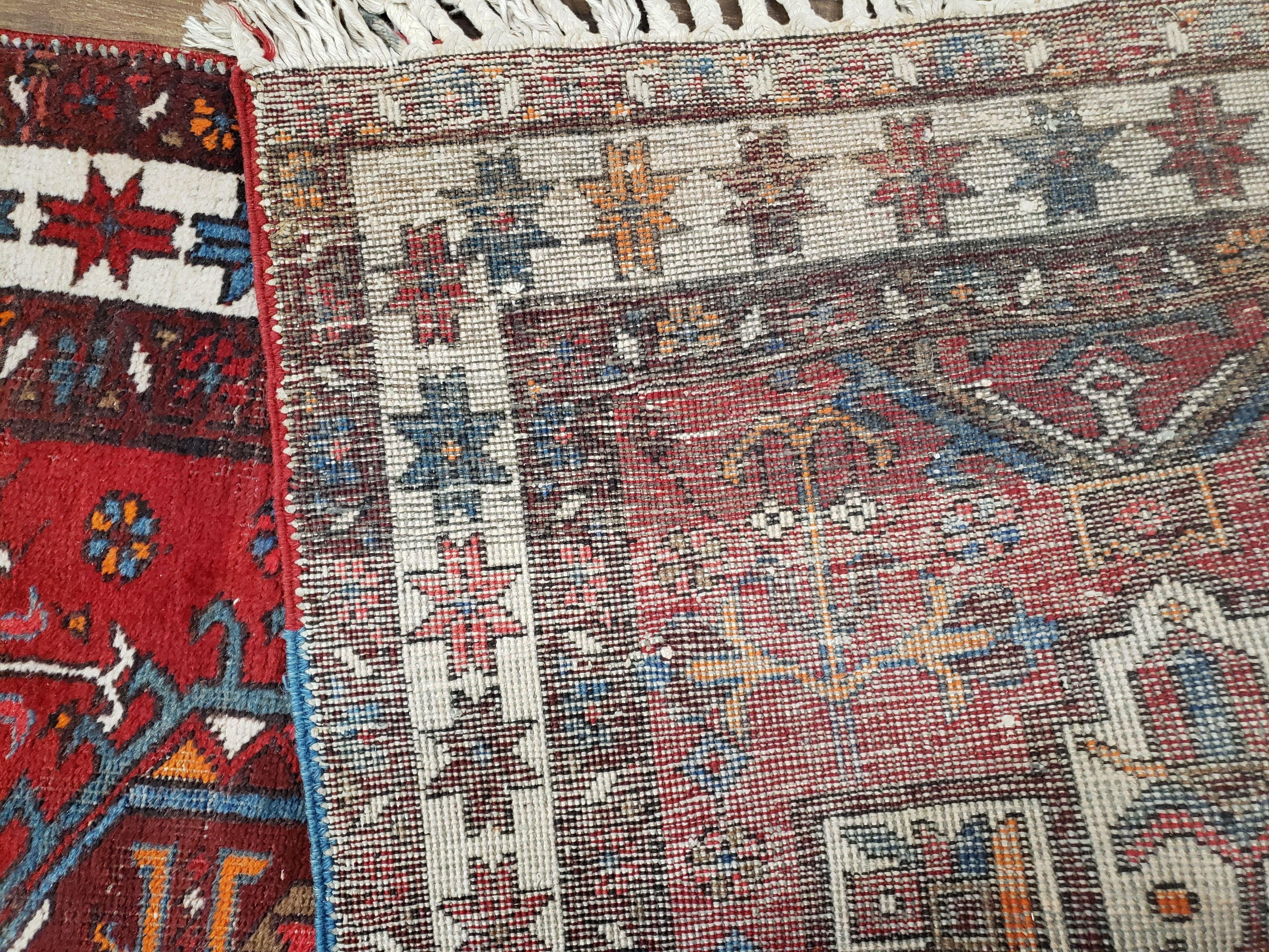 Antique Persian Heriz Karajeh Runner Rug 3x11, Hand-Knotted Red Geometric Medallions