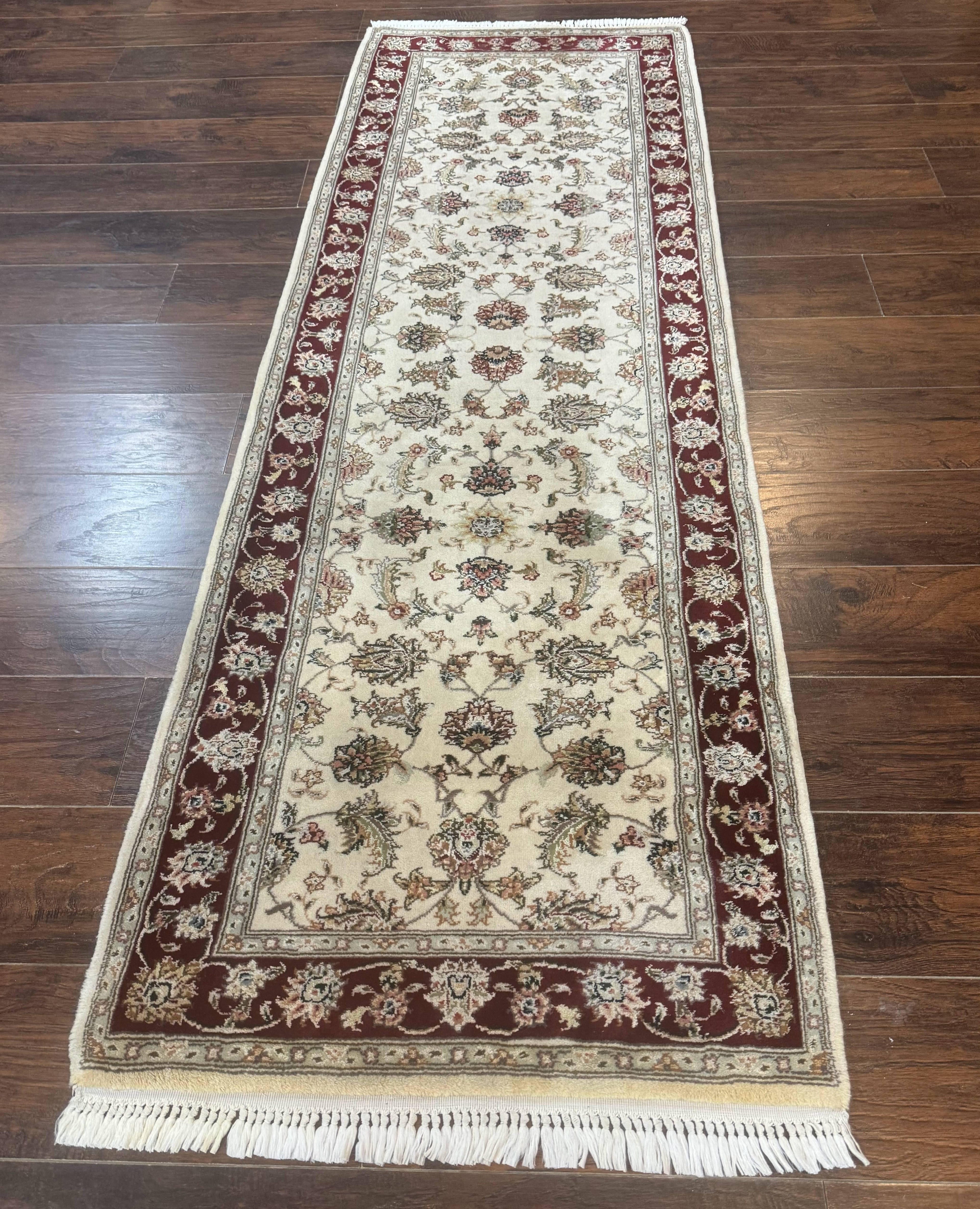 Pak Persian Runner Rug 2.8 x 8, Handmade Vintage Carpet, Beige and Maroon, Wool and Silk Highlights