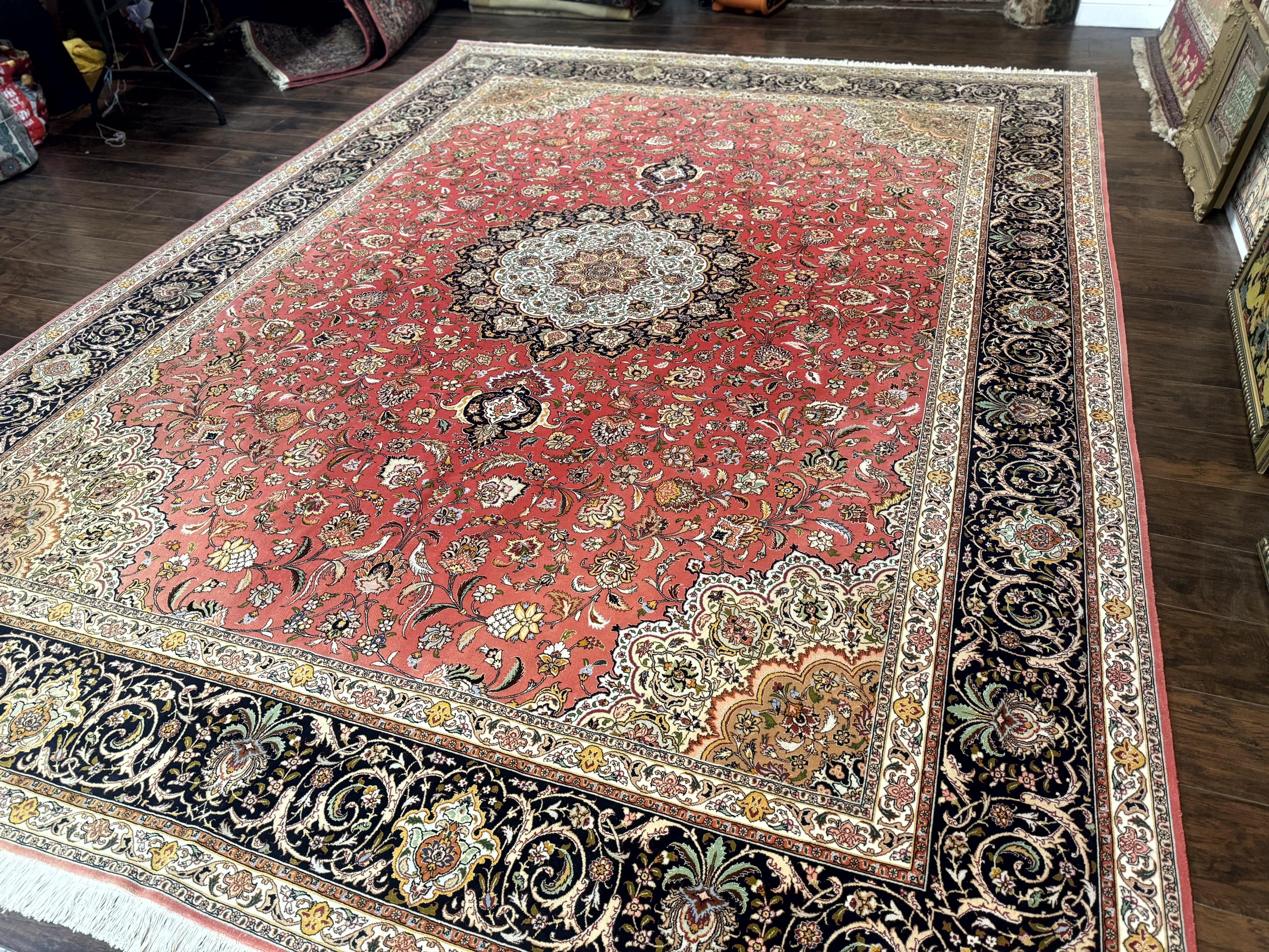 Persian Tabriz Rug 10x13 – Floral Medallion & Birds, Wool & Silk, 330 KPSI