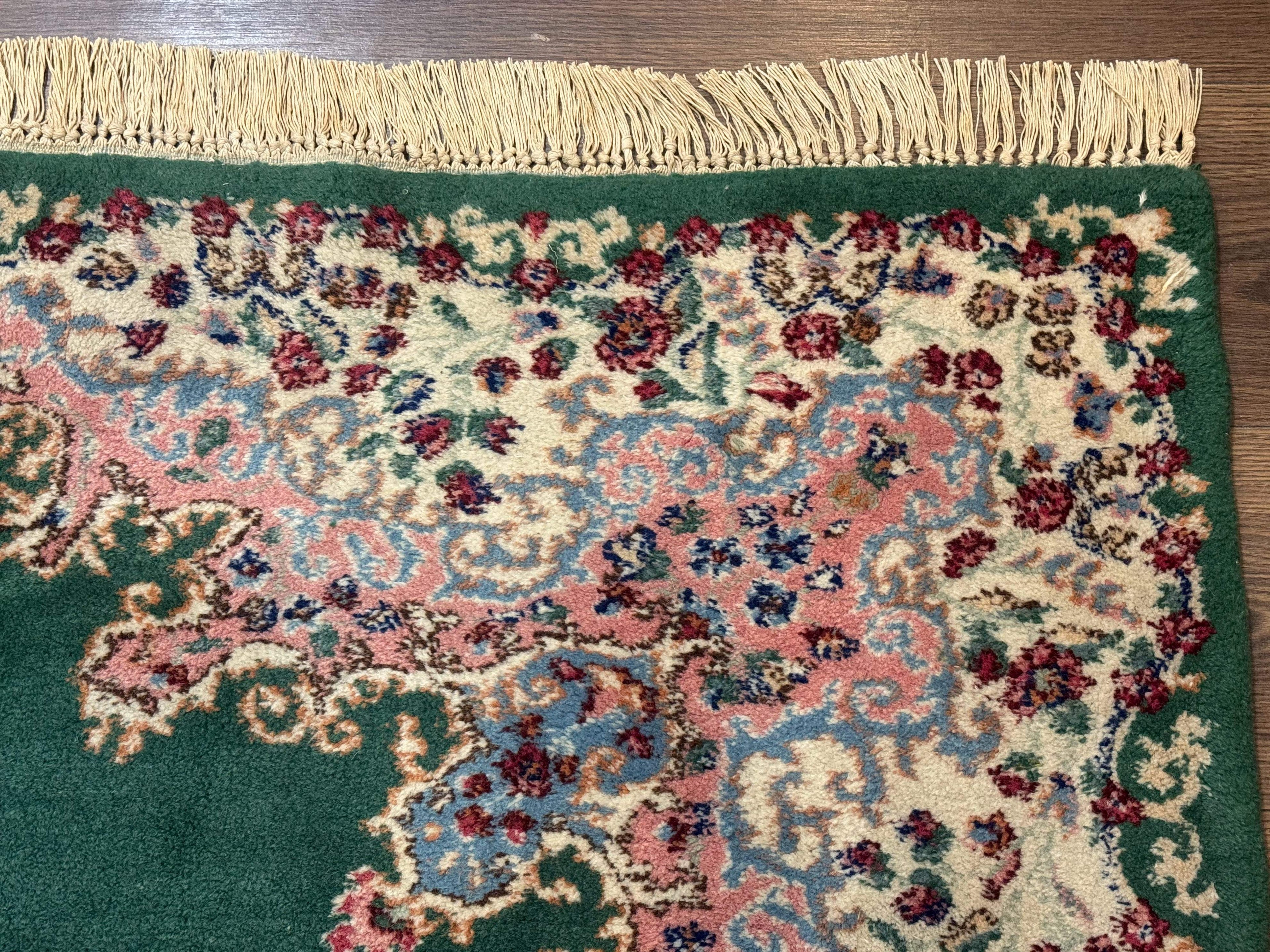 Persian Kerman Rug 4x6, Green Ivory Pink, Wool Vintage, Semi Open Field