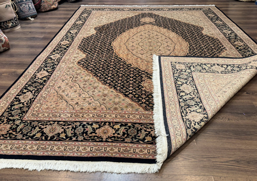 Sino Persian Rug 8x10, Herati Mahi Pattern, Fine 170 KPSI, Black, Wool and Silk Highlights