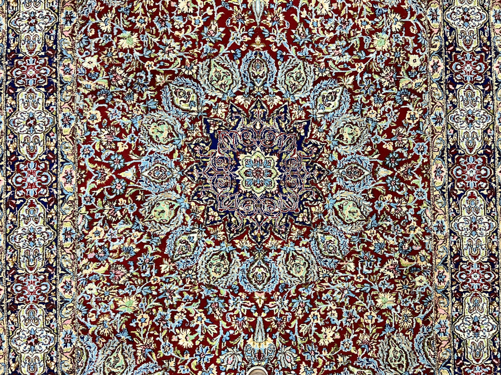 Persian Kirman Rug 7x10, Hand Knotted Wool Floral Medallion Carpet, Dark Red