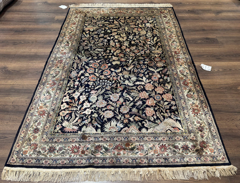 Silk Rug 4x6, Black and Cream, Floral & Bird Pictorials, Fine 330 KPSI, Sino Persian Rug