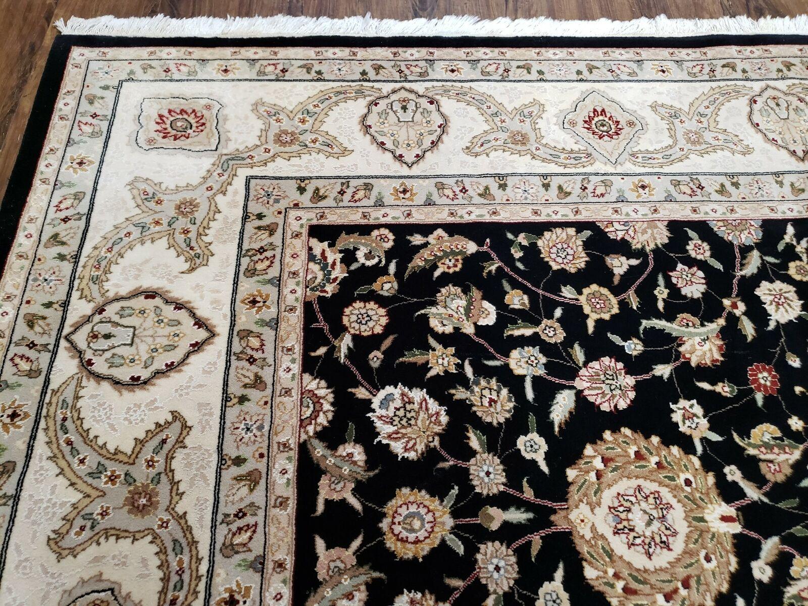 8' 5" X 11' 6" Vintage Handmade Oriental Floral Wool Rug Silk Accent Black Nice