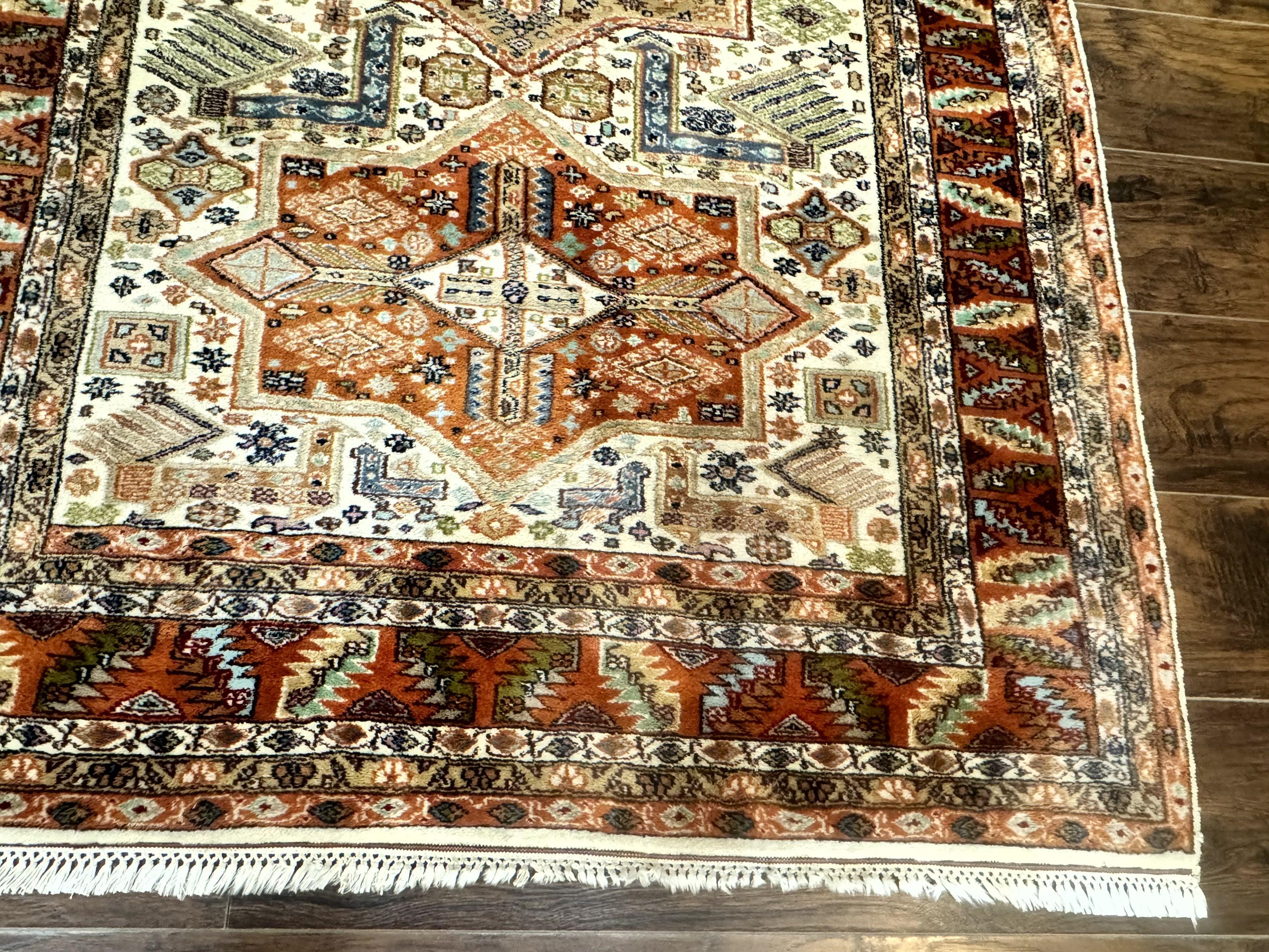 Turkish Kazak Rug 4x6, Geometric Medallions, Vintage Handmade Wool Carpet