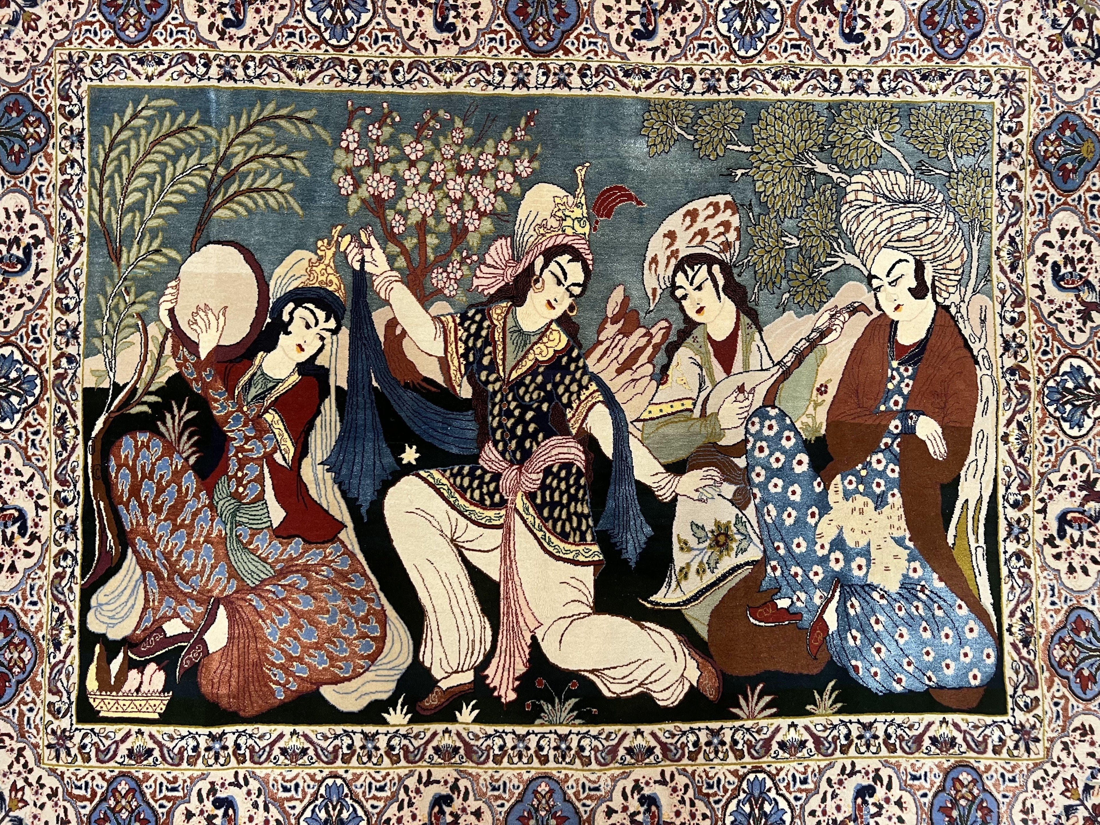 Persian Pictorial Rug 5 x 4 ft, Persian Isfahan Rug, Kork Wool on Silk Foundation, Signature from Master Weaver, Drums and Musical Instruments, Birds, Detailed