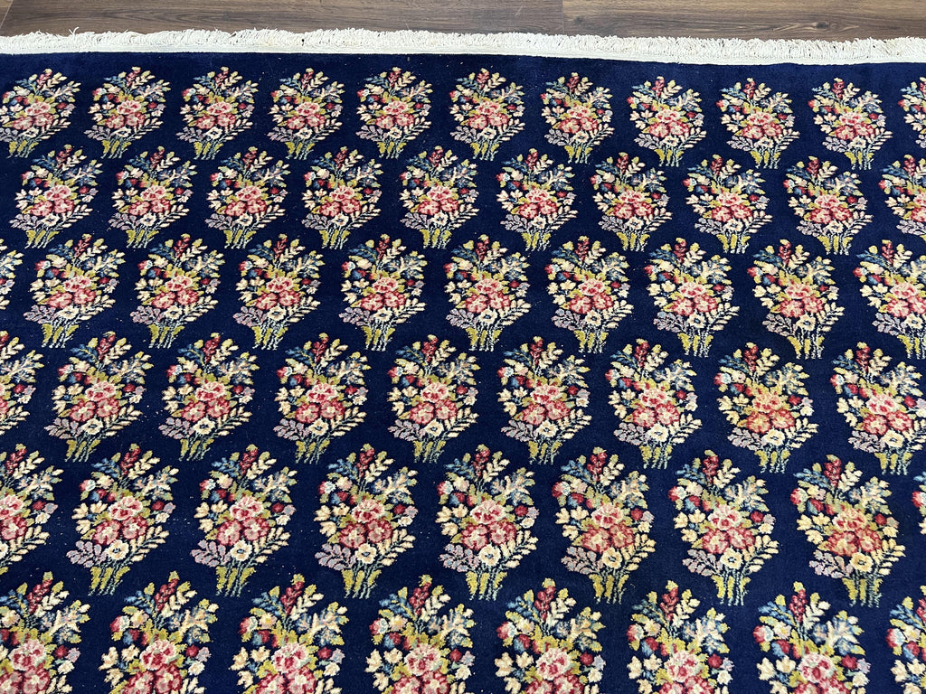 Persian Rug 9x12, Authentic Hand Knotted Carpet, Repeated Floral Motif Garden of Eden, Navy Blue Wool Rug 9 x 12, Semi Antique Kirman Rug