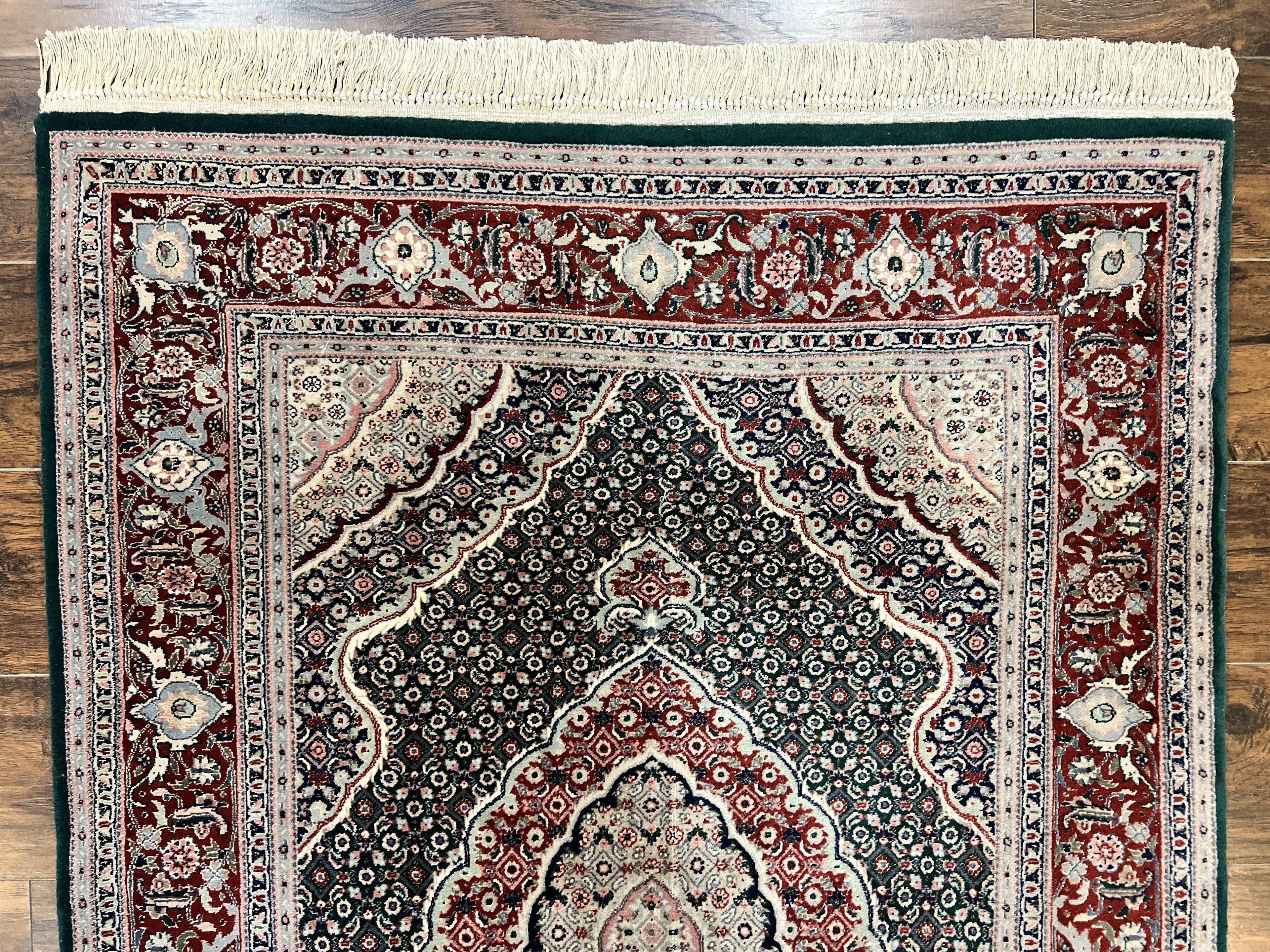 Sino Persian Rug 4x6, Wool with Silk Highlights, Fine Hand Knotted Carpet, Green & Maroon Red, Herati Medallion, Vintage Rug