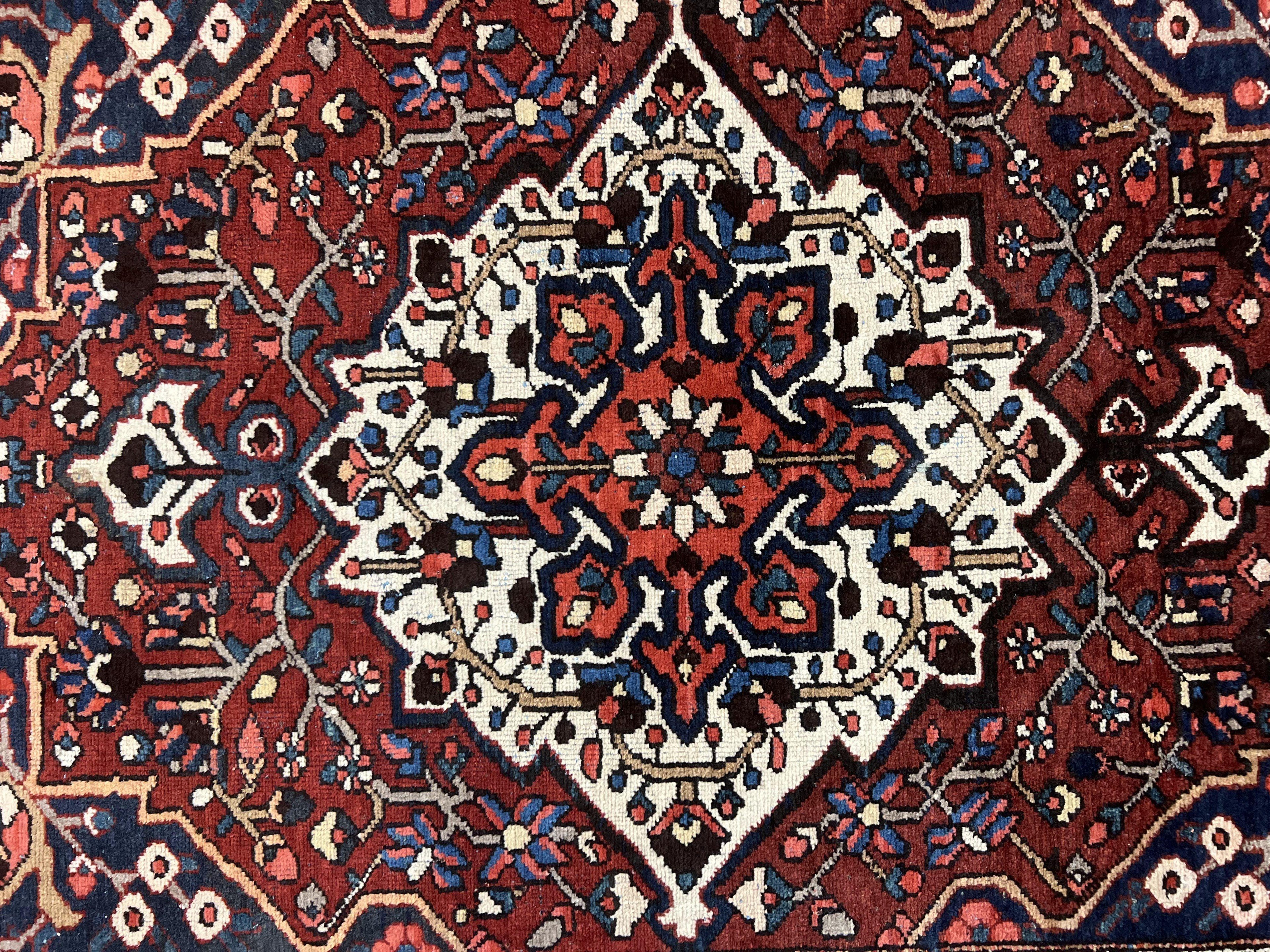 Persian Bakhtiari Rug 5 x 6.6, Tribal Geometric Carpet, Red Ivory, Handmade Wool Medium Sized Oriental Rug, Semi Antique Vintage