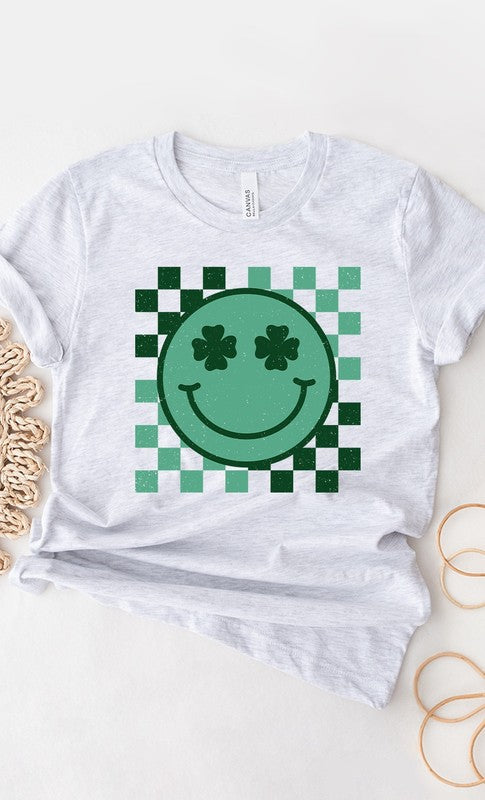 Checker Clover Smiley St Patrick PLUS Graphic Tee T-Shirt