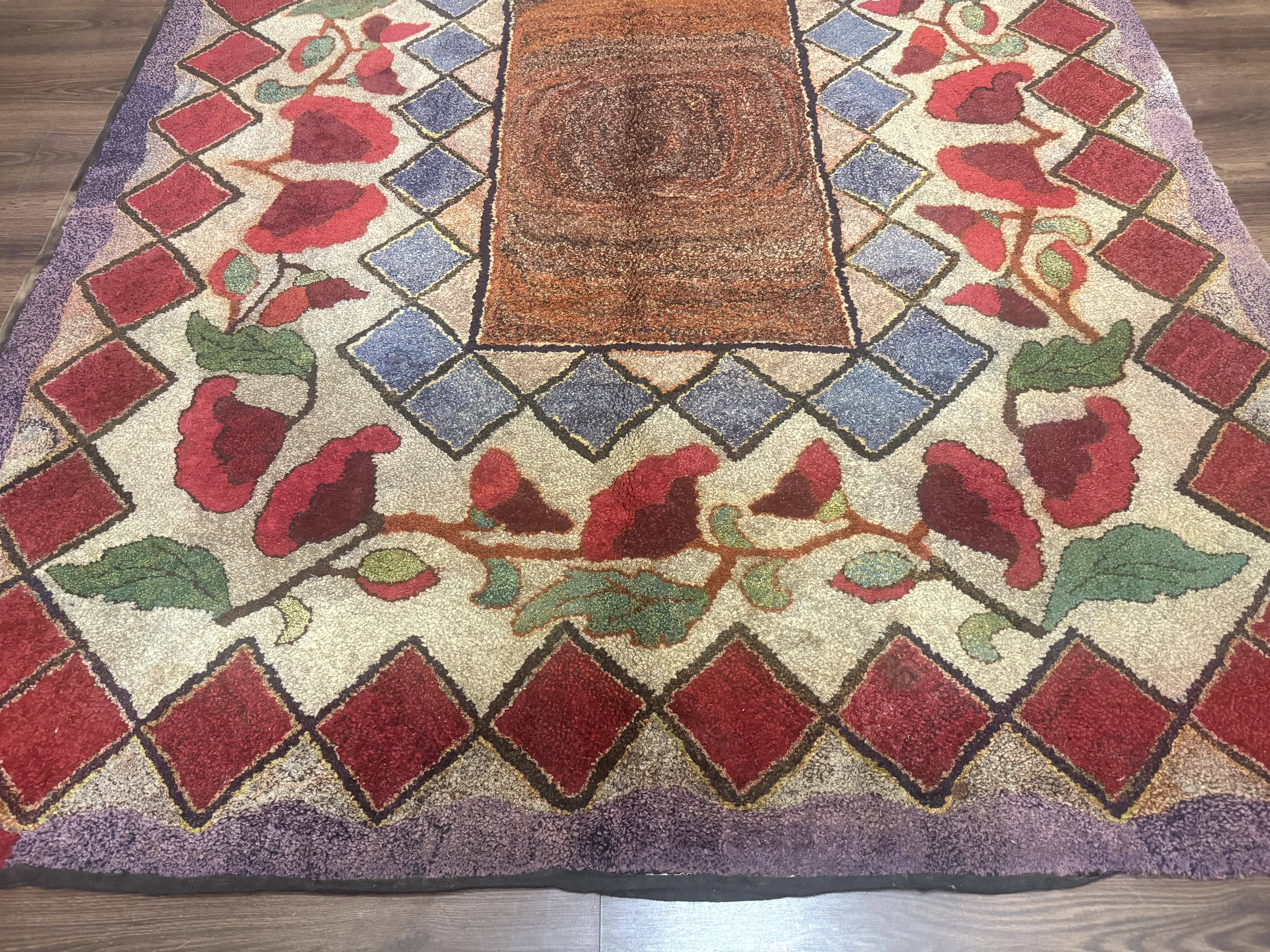Vintage American Hooked Rug 6x7, Unique Colors, Red Lavender Cream, Abstract