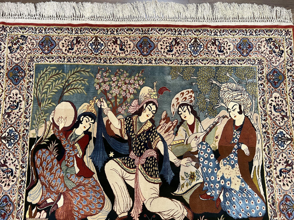 Persian Pictorial Rug 5 x 4 ft, Persian Isfahan Rug, Kork Wool on Silk Foundation, Signature from Master Weaver, Drums and Musical Instruments, Birds, Detailed