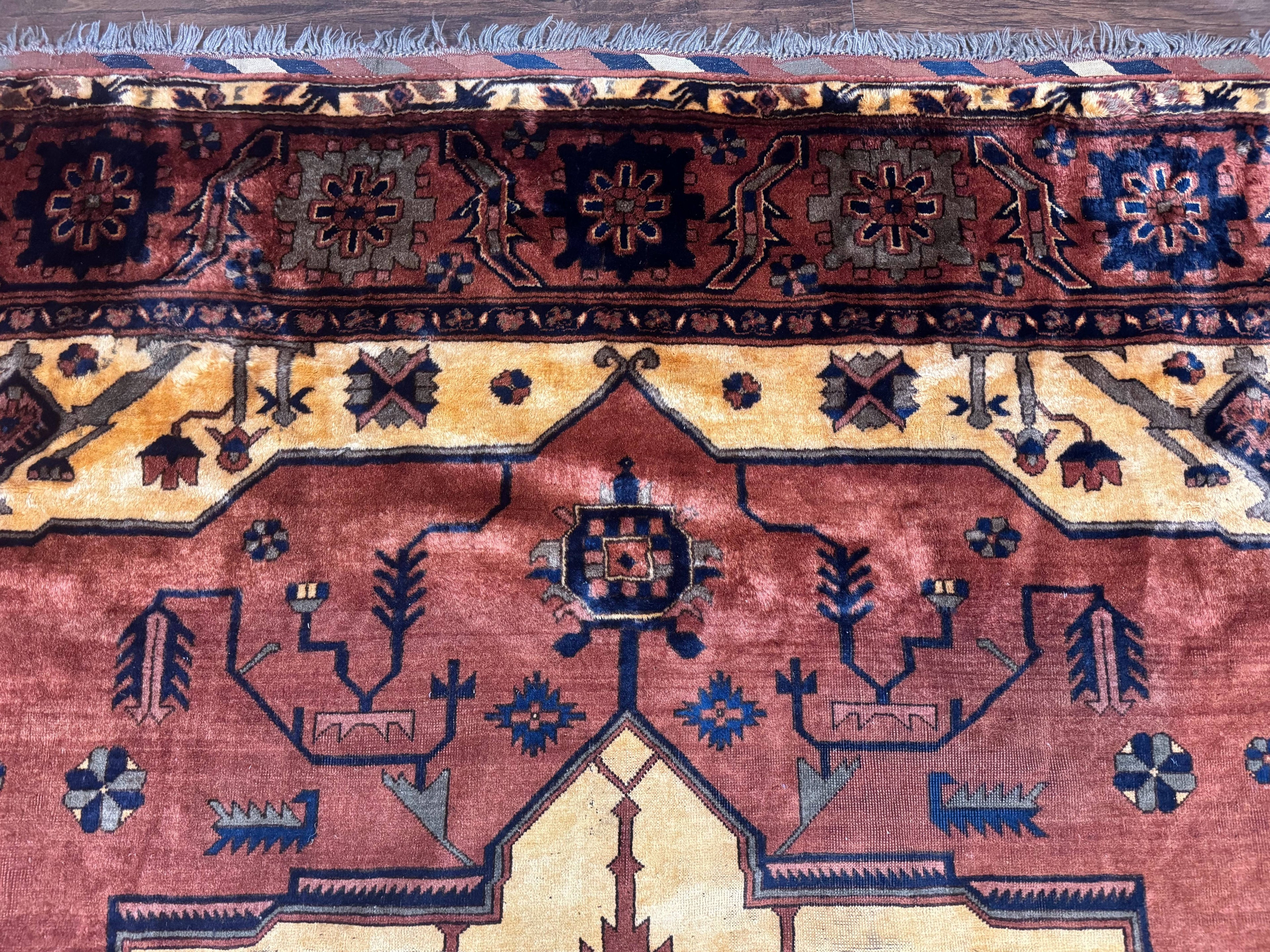 Afghan Heriz Rug 9x12, Tribal Geometric Serapi Carpet, Rust Cream and Navy, Wool on Wool