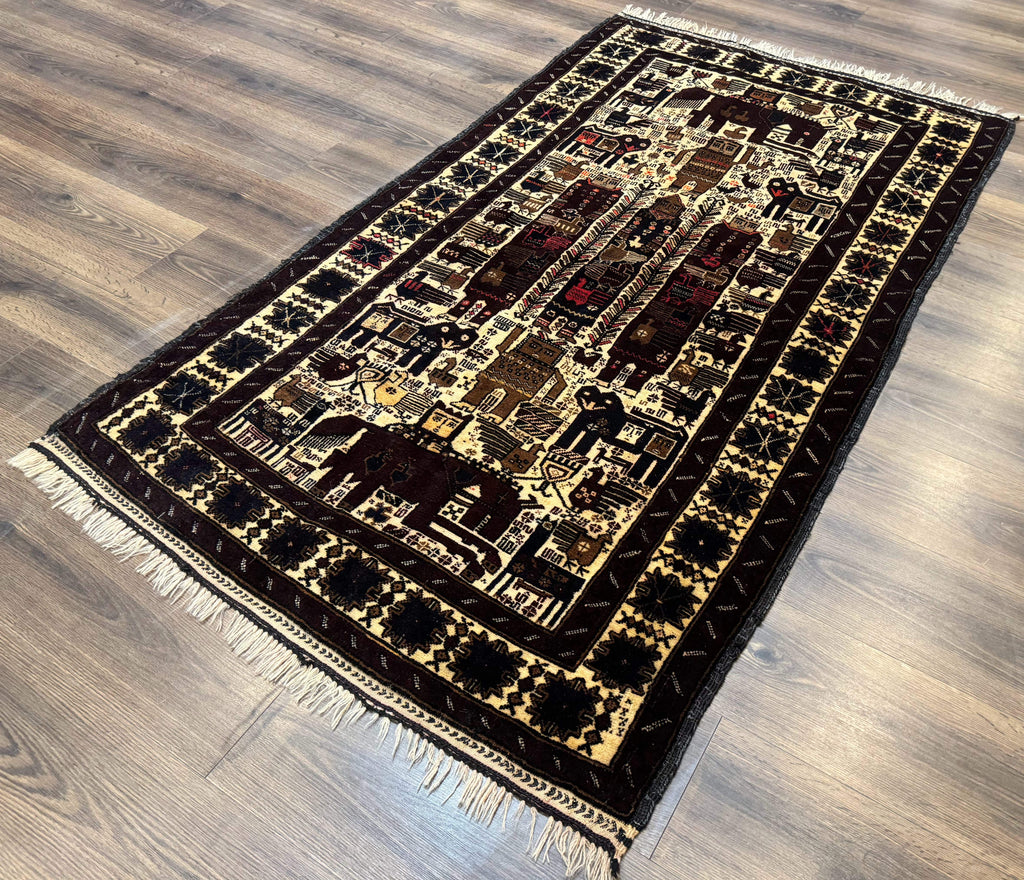 Persian Baluch Tribal Rug 4x6, Human and Bird Pictorials, Vintage, Wool, Collectible