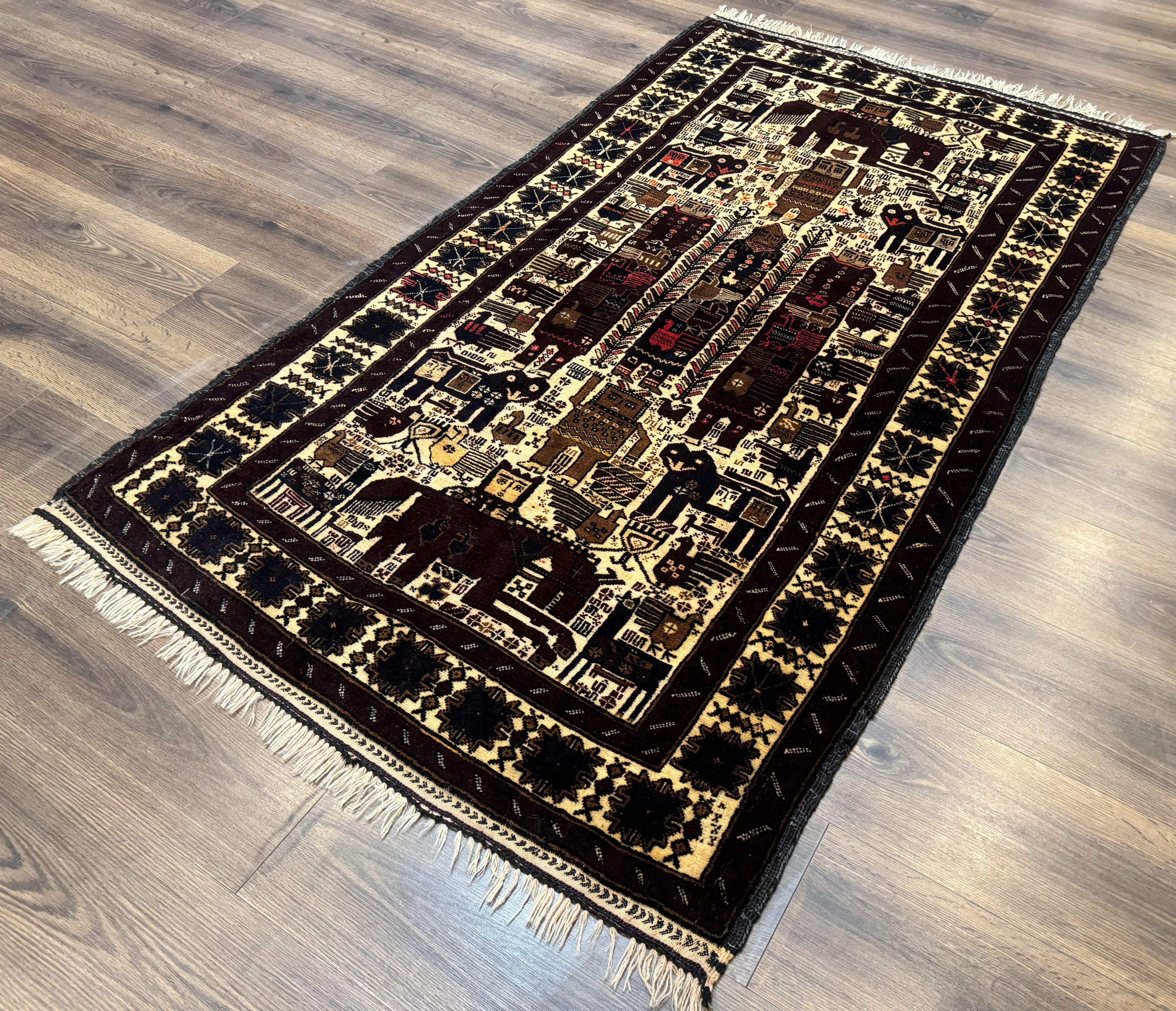 Persian Baluch Tribal Rug 4x6, Human and Bird Pictorials, Vintage, Wool, Collectible