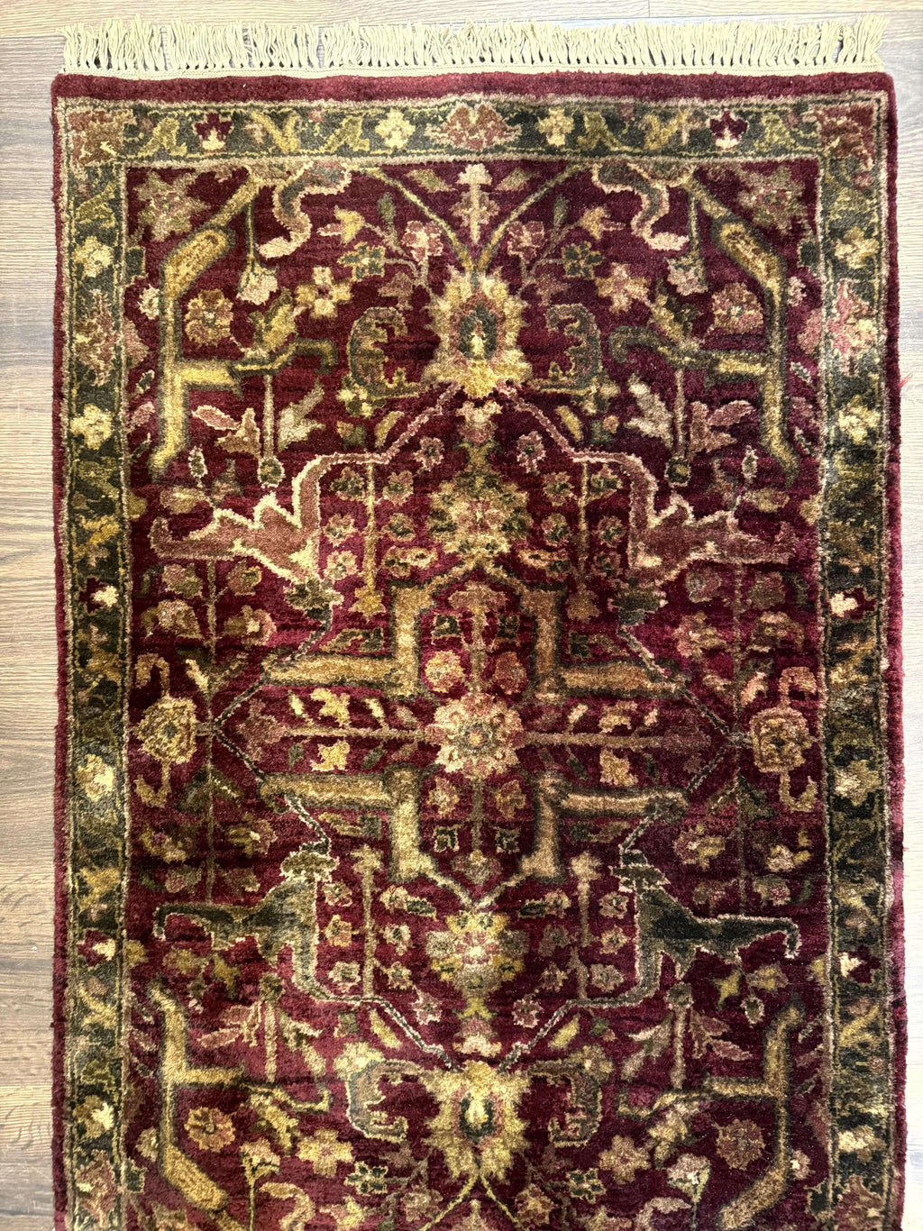 Indo Persian Runner Rug 2.7 x 13.8, Maroon, Wool, Handmade Indian Rug for Hallway