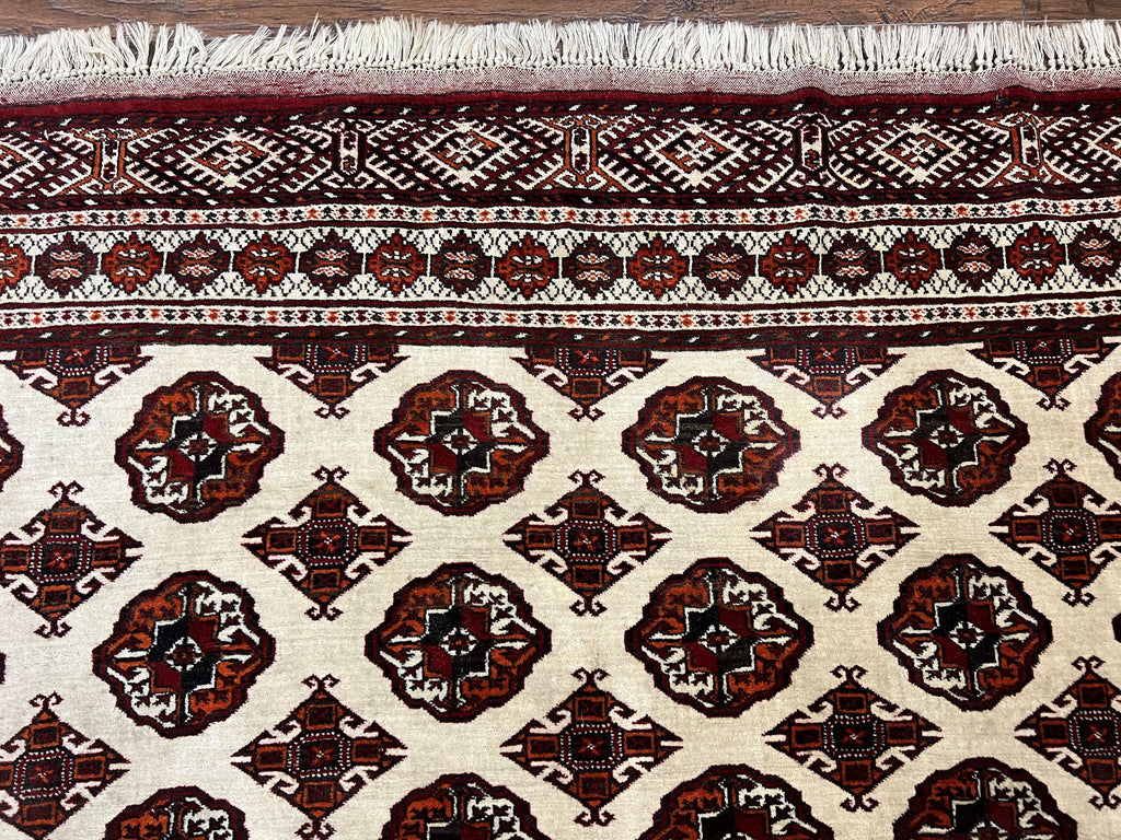 Persian Turkoman Rug 7x8, Almost Square Rare, Hand Knotted, Yamud, Bohemian Rug, Handmade Tribal Rug, Cream Red, Handmade Oriental Carpet