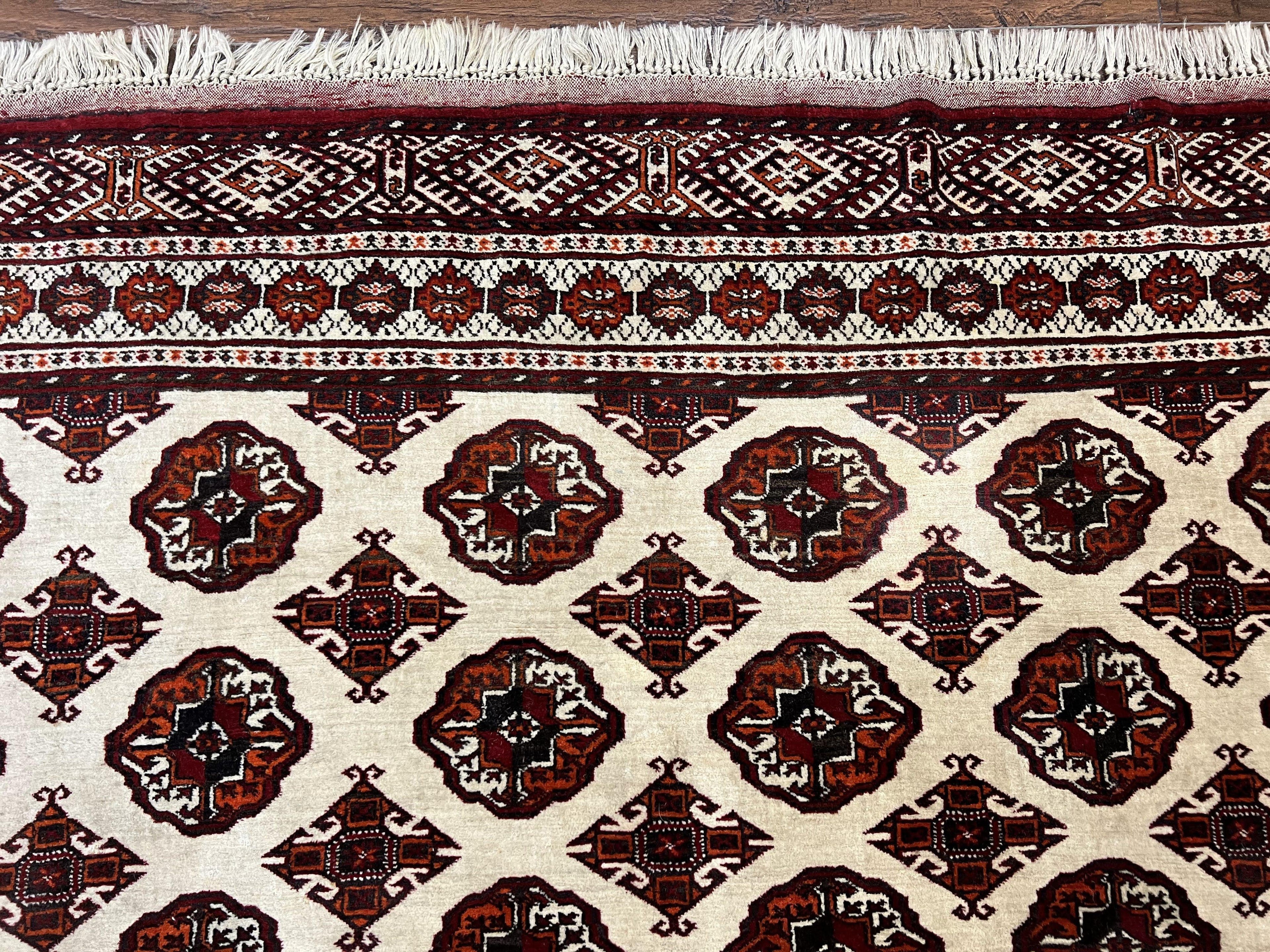 Persian Turkoman Rug 7x8, Almost Square Rare, Hand Knotted, Yamud, Bohemian Rug, Handmade Tribal Rug, Cream Red, Handmade Oriental Carpet