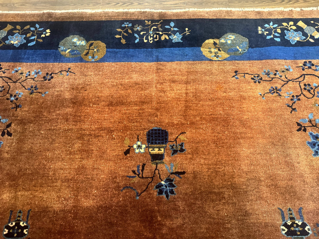 Antique Chinese Wool Rug 9x12, Light Brown and Navy Blue, Fete Peking Art Deco