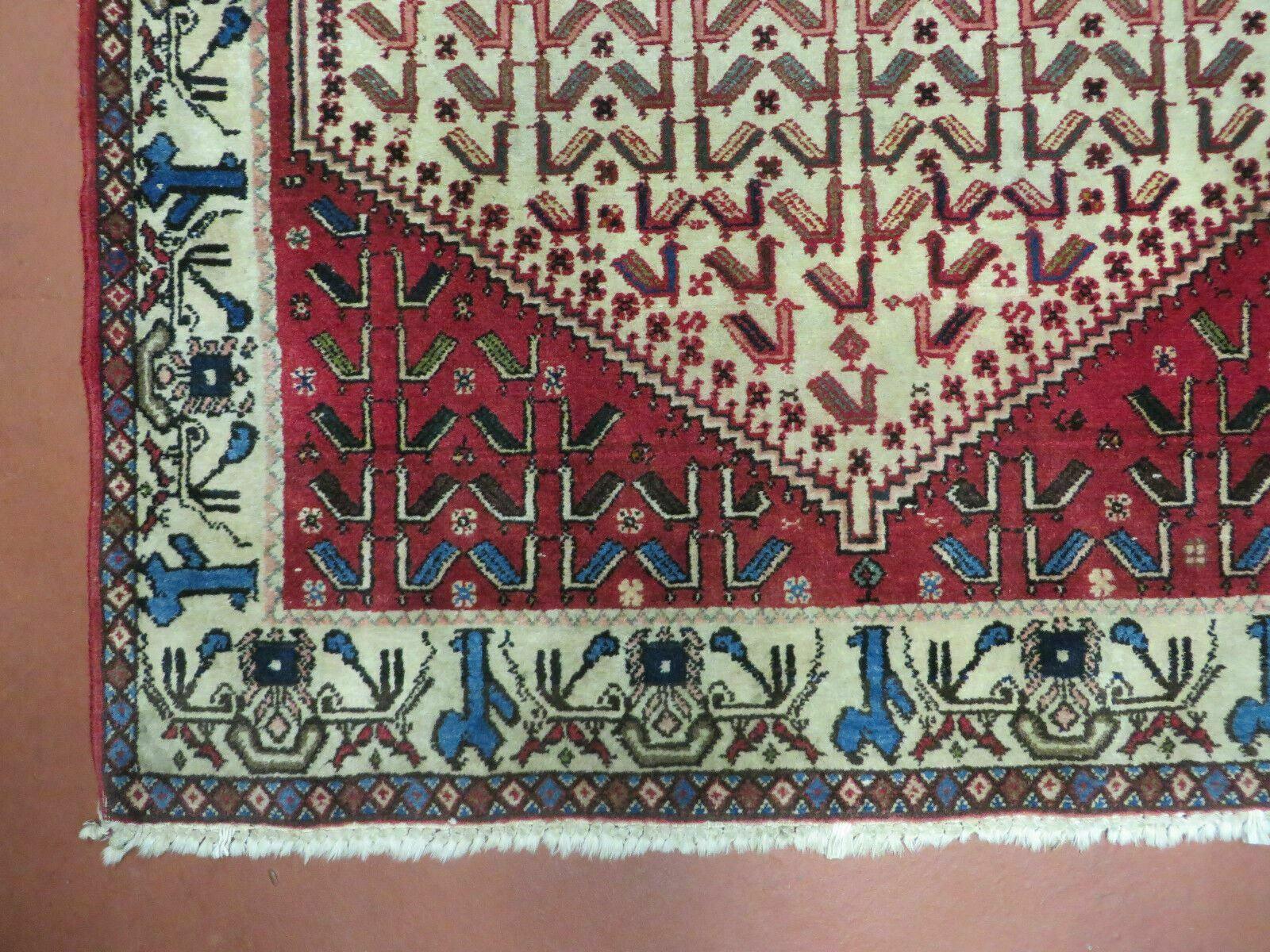 3' X 5' Vintage Handmade India Geometric Oriental Wool Rug Nice Birds Ivory Red
