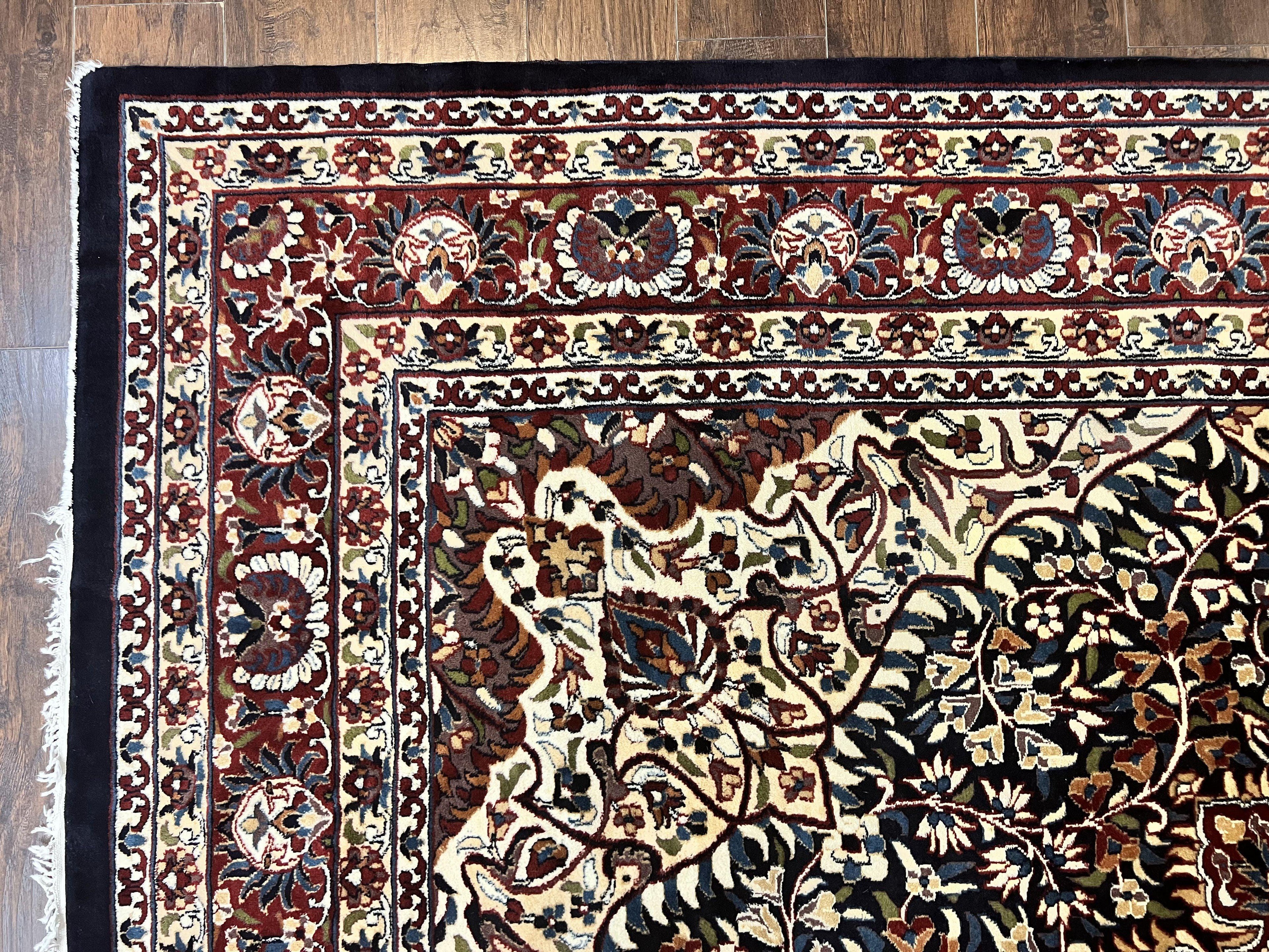 Indo Persian Rug 9x13, Floral Medallion, Midnight Blue & Burgundy, Hand Knotted Vintage Room Sized Traditional Wool Oriental Carpet