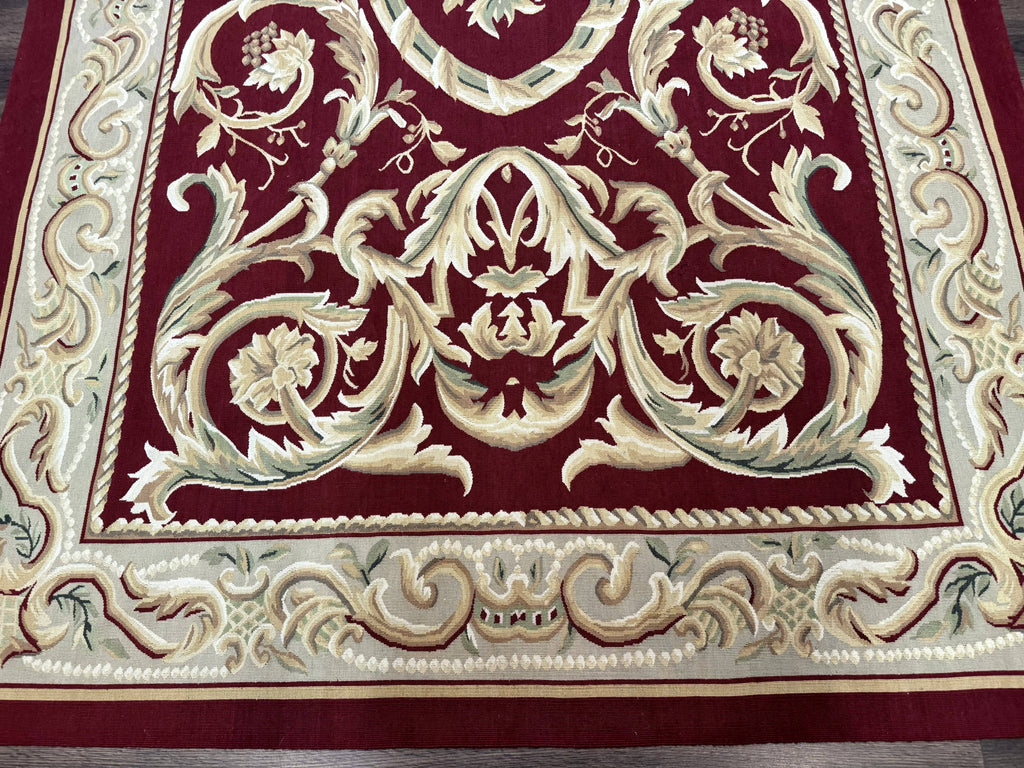 Burgundy Aubusson Rug 6x9, Vintage Wool Carpet