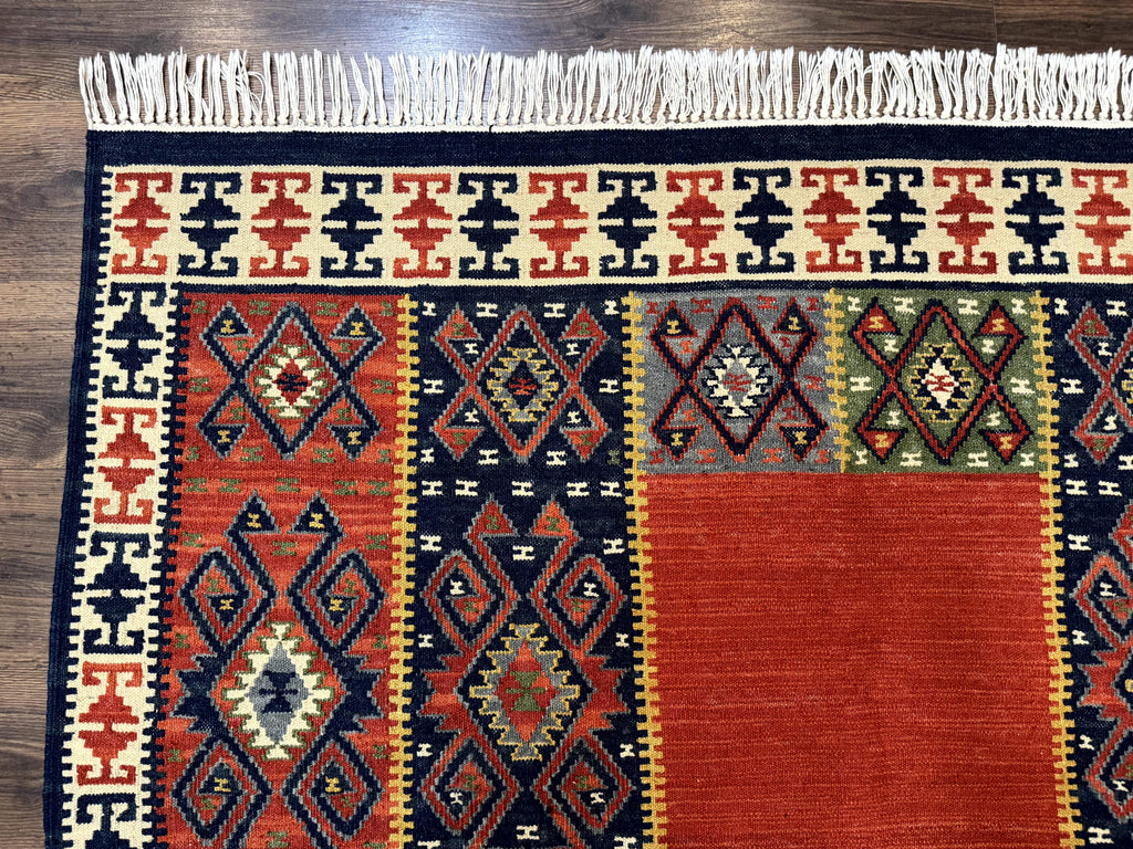 Turkish Kilim Rug 5x8, Flatweave Carpet, Handmade Bohemian Rug, Terracotta and Navy Blue