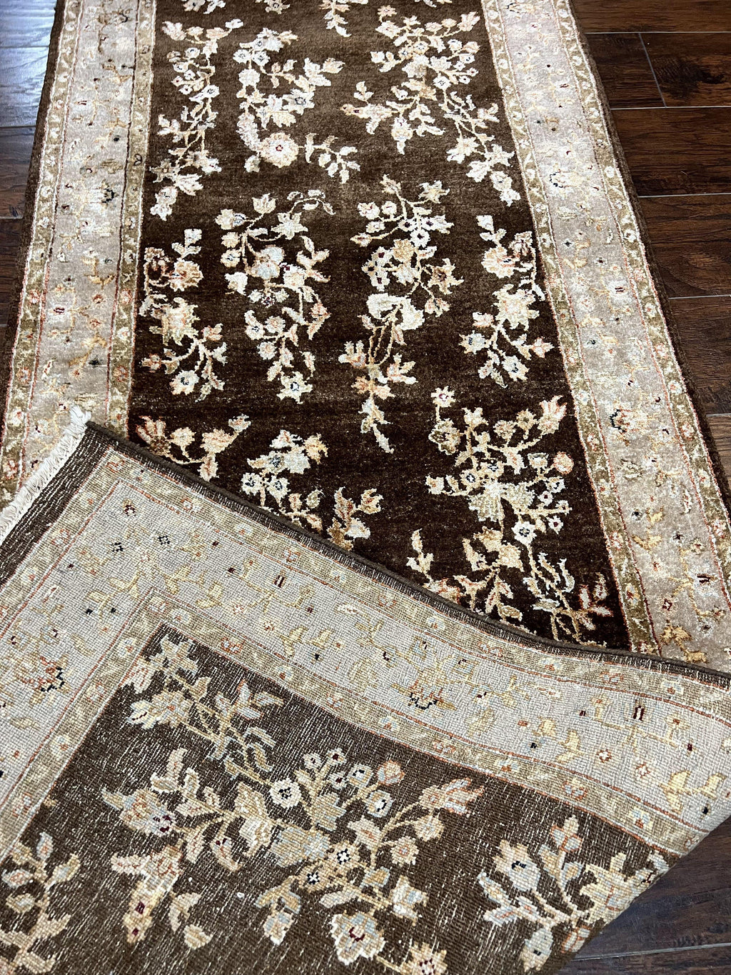 Peshawar Runner Rug 3 x 20, Wool Hand Knotted Vintage Pakistani Carpet, Brown & Taupe, Chobi Mahal Floral Rug, Extra Long Hallway Runner