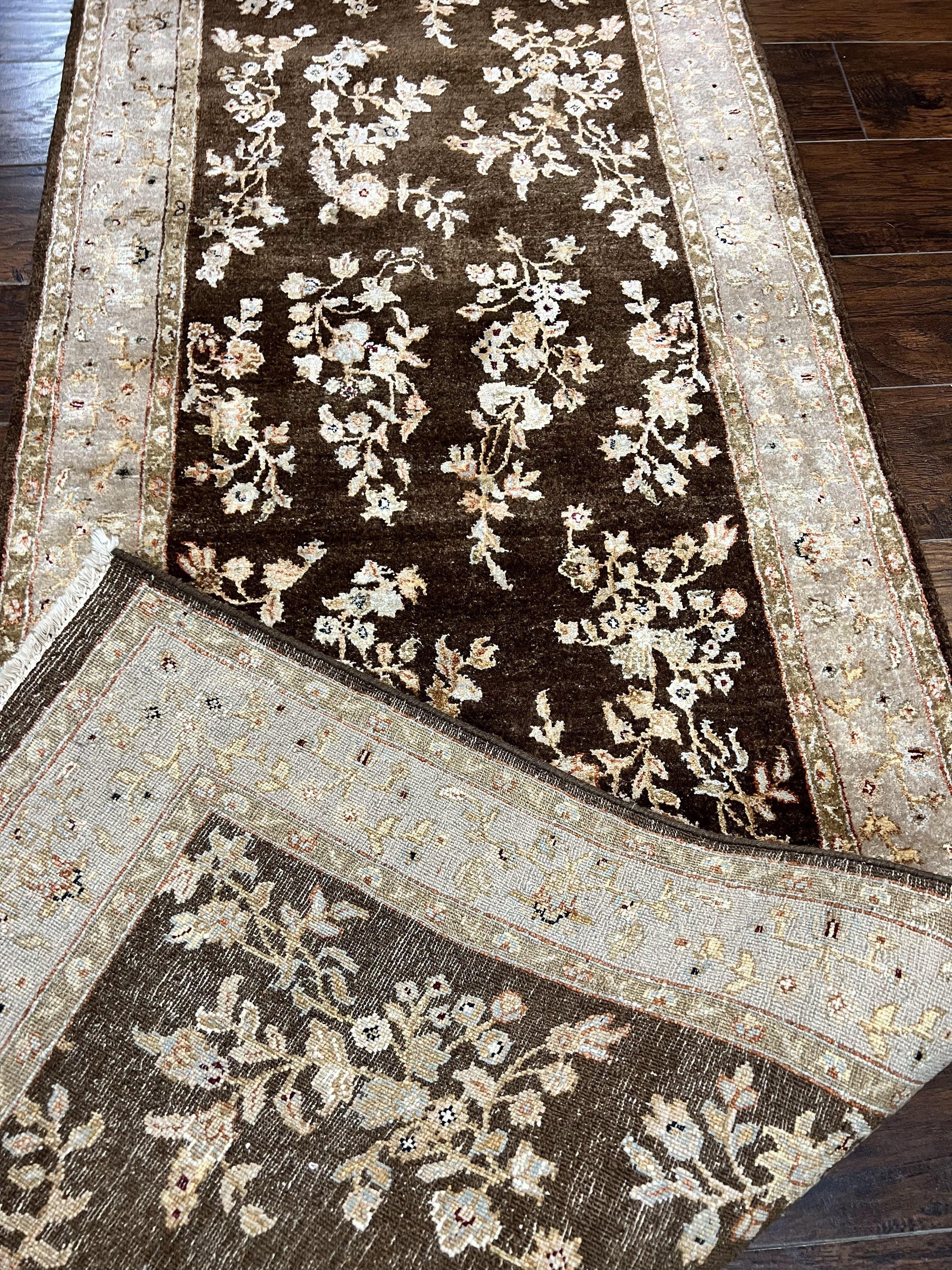Peshawar Runner Rug 3 x 20, Wool Hand Knotted Vintage Pakistani Carpet, Brown & Taupe, Chobi Mahal Floral Rug, Extra Long Hallway Runner