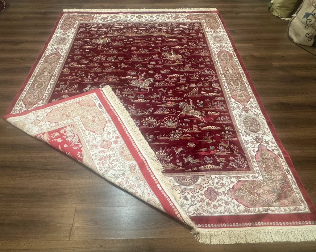 Turkish Silk Rug 8x10, Red & Ivory, Hunting Design, Bamboo Silk, New