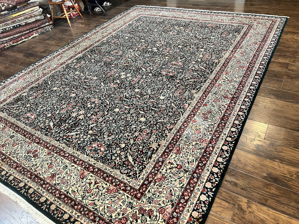Large Sino Persian Rug 10x14, Wool Hand Knotted Vintage Carpet, Dark Green & Beige, Kirman Floral Rug, Fine Weave, Traditional, Large