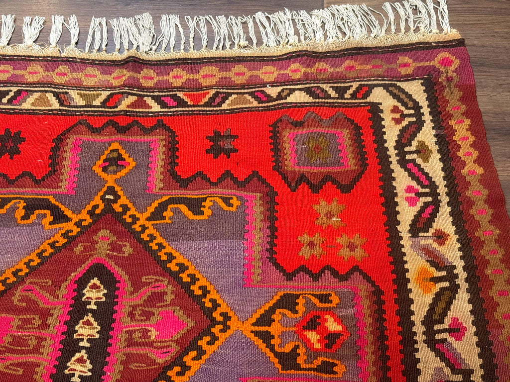 Persian Kurdish Zarand Kilim Rug 5x9, Red, Geometric Medallions, Wide Runner