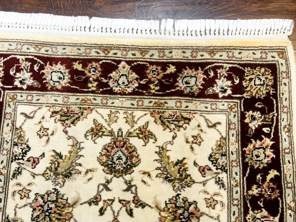 Pak Persian Runner Rug 2.8 x 8, Handmade Vintage Carpet, Beige and Maroon, Wool and Silk Highlights