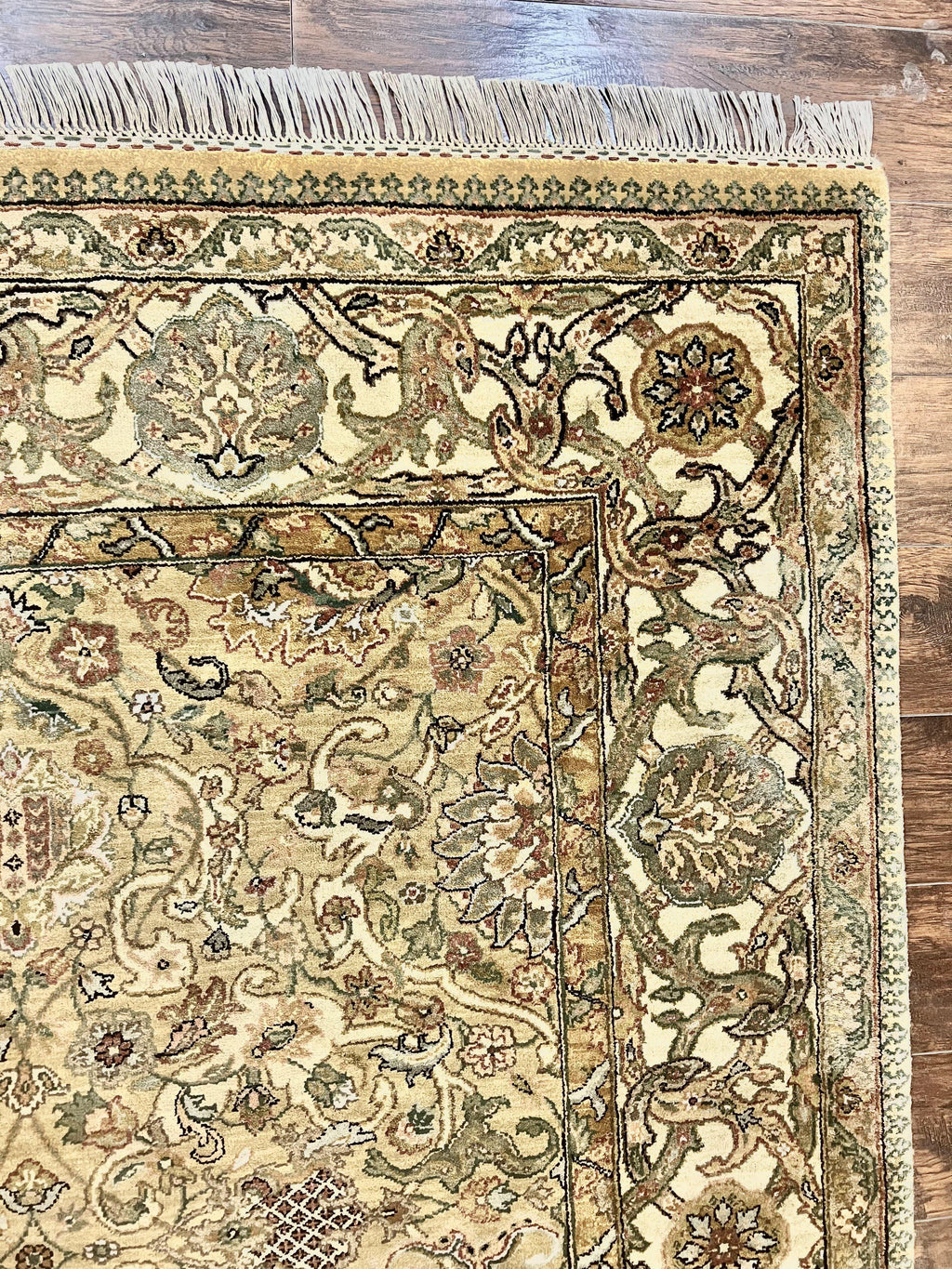 Indo Mahal Rug 8x10, Indian Jaipur Rug 8 x 10 ft, Wool Indo Persian Carpet, Handmade Traditional Floral Area Rug, Olive Green, Vintage Rug