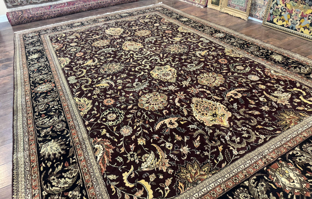 Indo Persian Rug 10x14, Floral Allover, Handmade Vintage Wool Rug, Dark Maroon/Plum and Black