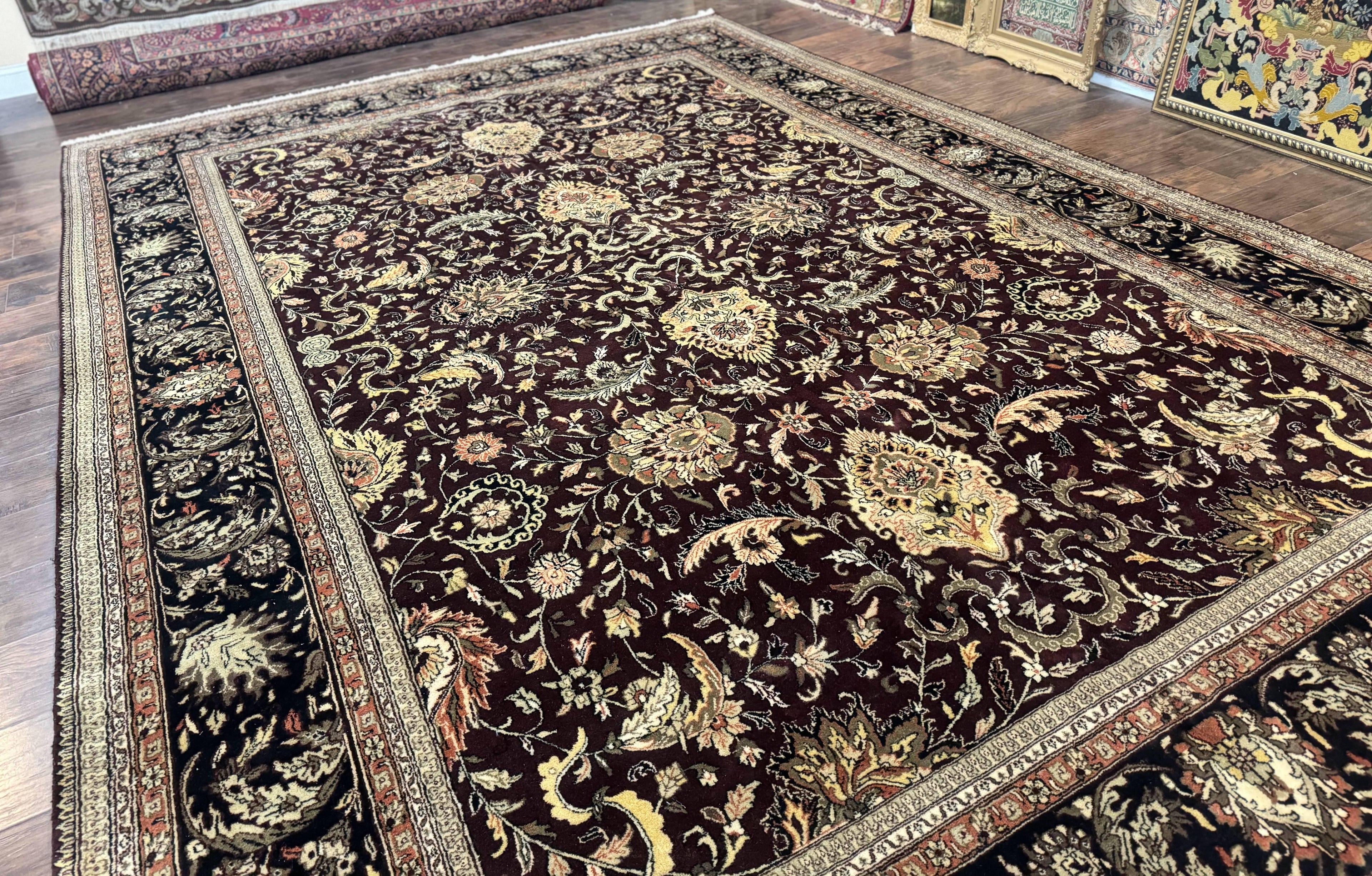Indo Persian Rug 10x14, Floral Allover, Handmade Vintage Wool Rug, Dark Maroon/Plum and Black