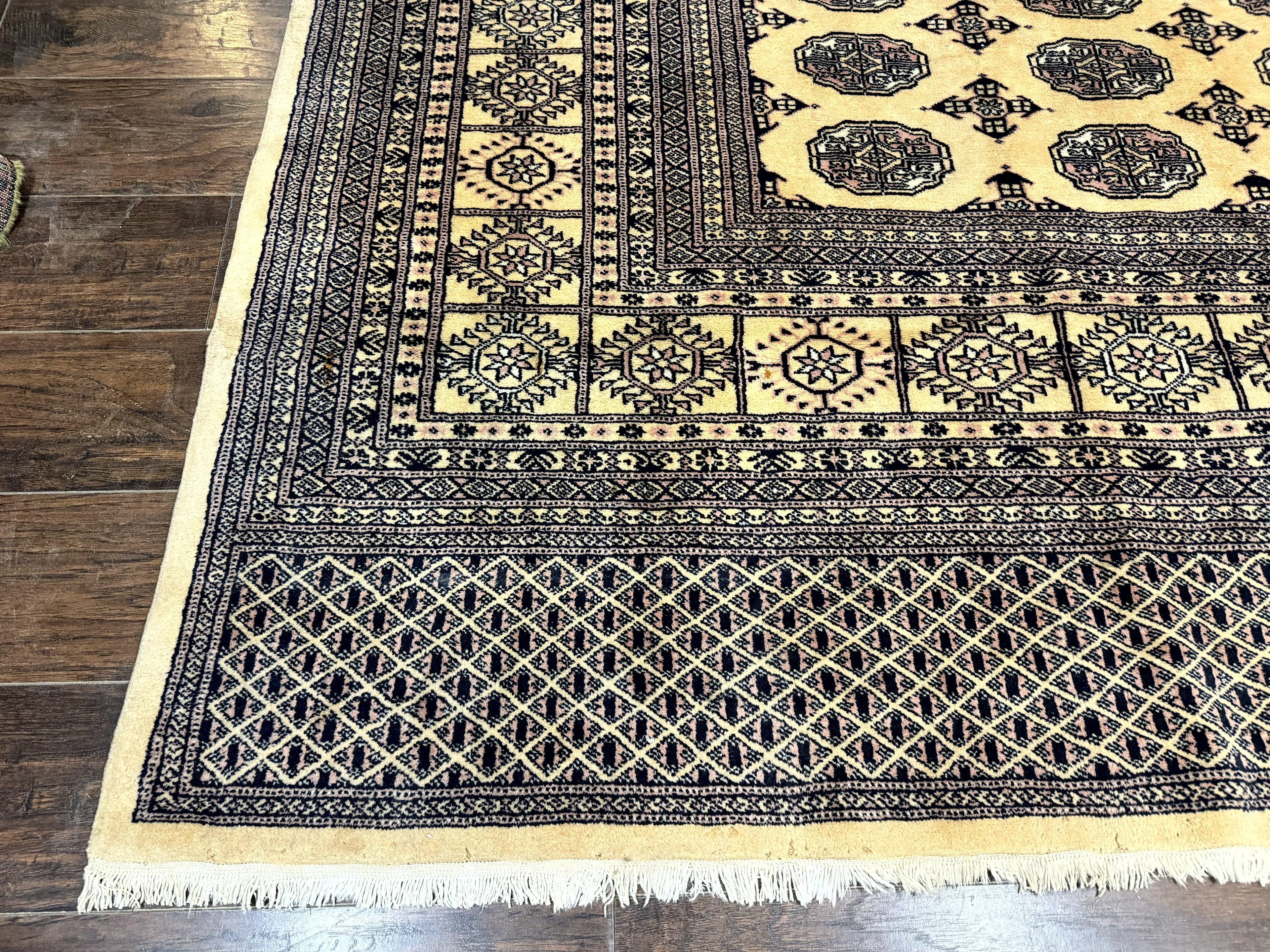 Pakistani Bokhara Turkoman Rug 9x11, Cream, Handmade Wool Vintage Carpet