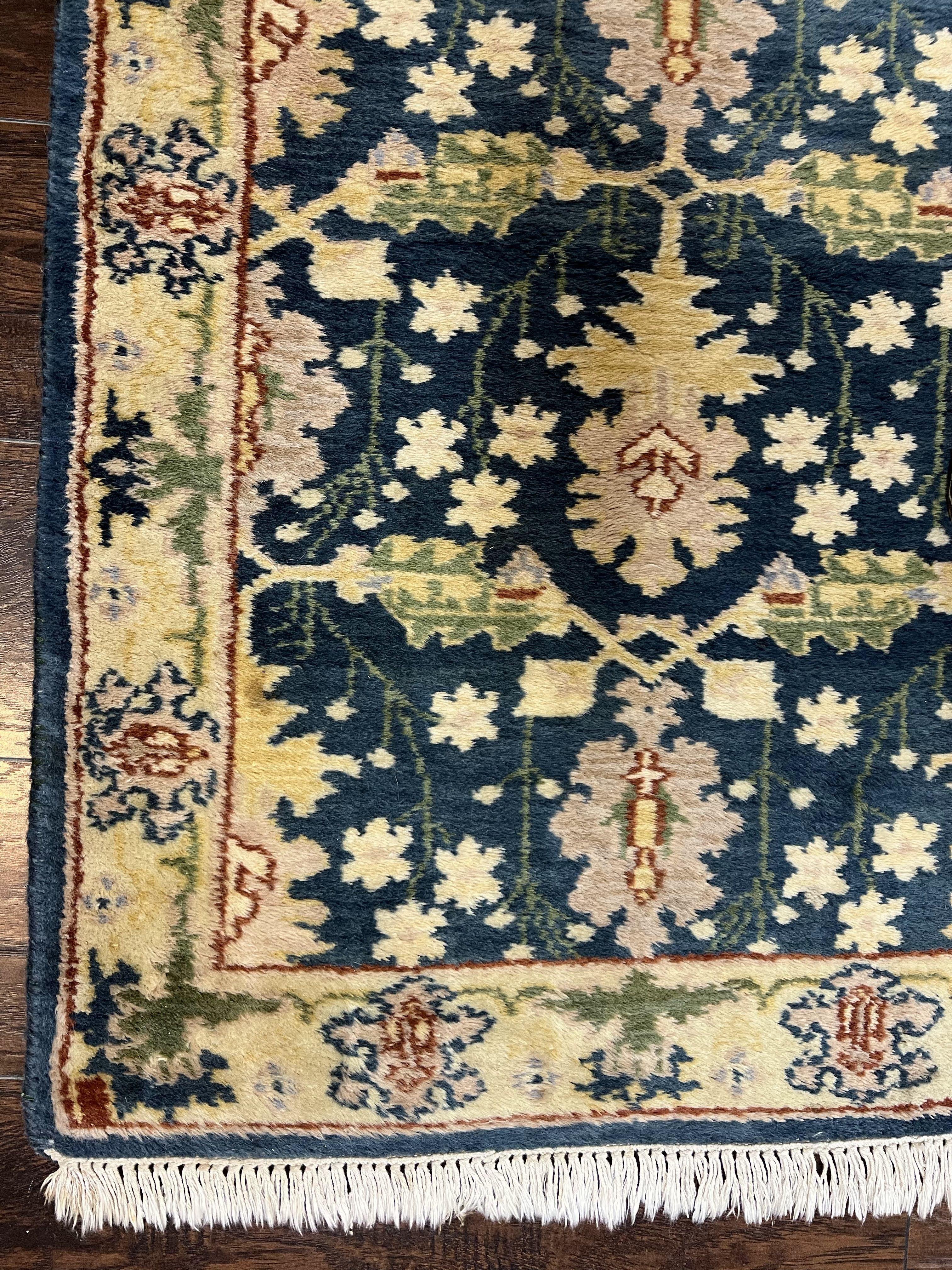 Indian Runner Rug 2.6 x 12, Navy Blue Beige Oriental Runner Rug 12ft Long, Narrow Hallway Runner, Wool Hand Knotted Indo Persian Mahal Rug