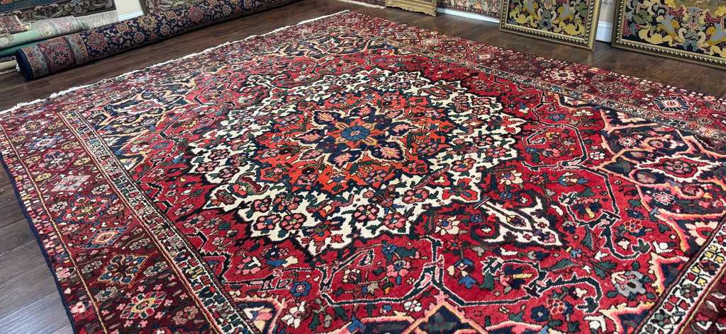 Rare Persian Bakhtiari Rug 10x13, Red, Semi Antique, Large Persian Carpet, Handmade