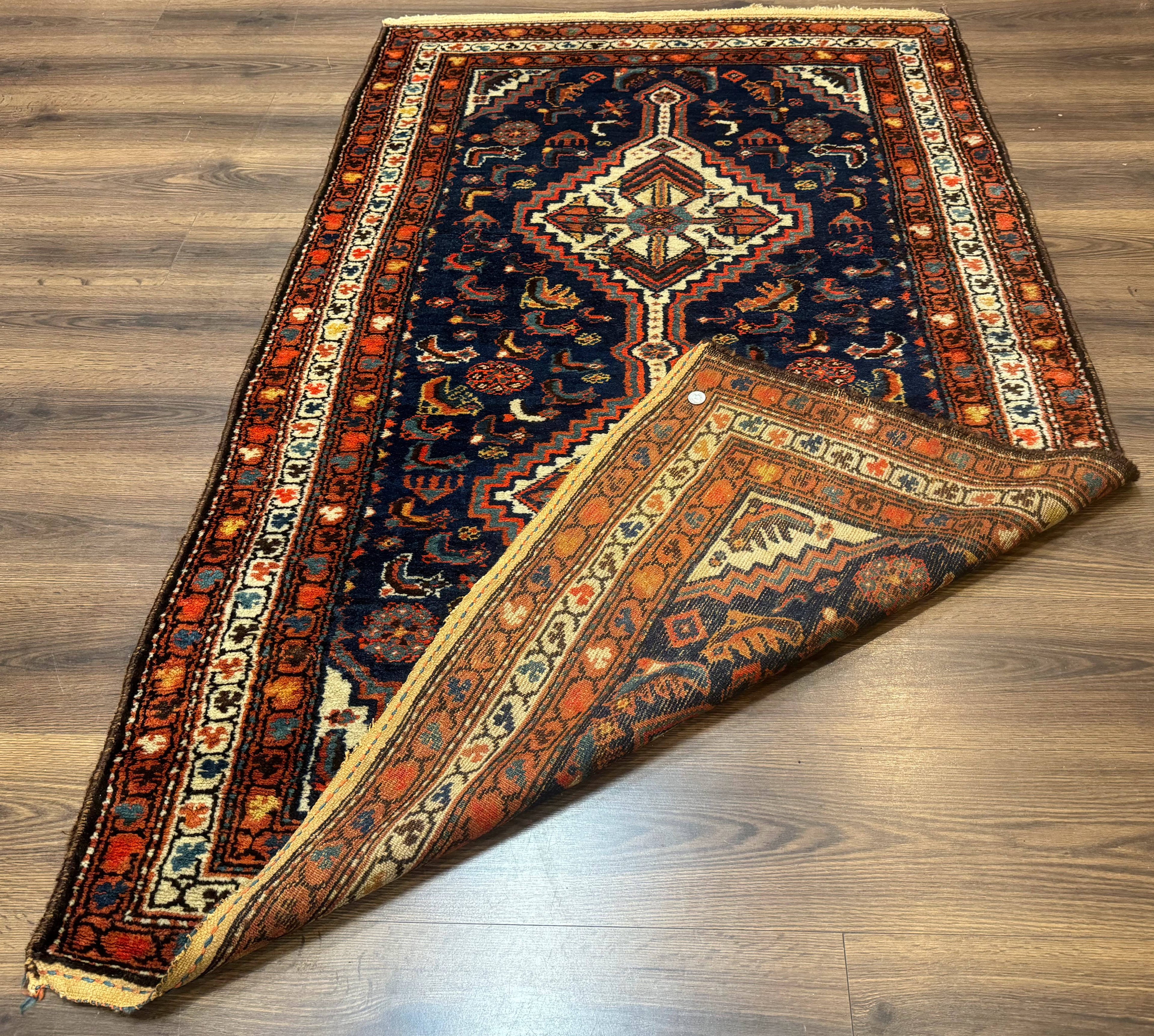 Antique Persian Hamadan Rug 4x6, Geometric, Double Medallions, Navy Blue, Tribal Carpet