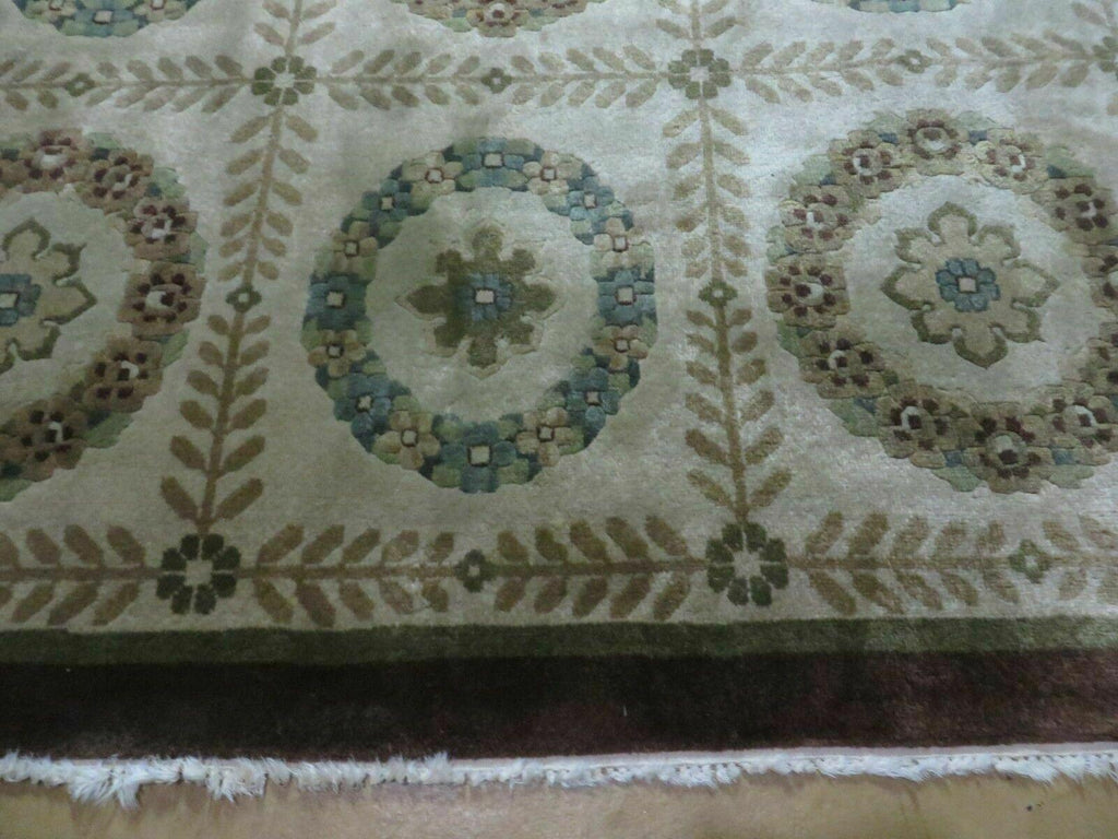 9' X 12' Modern Handmade Indo Lahore Wool Rug Art Deco Olive Ivory Nice Wow