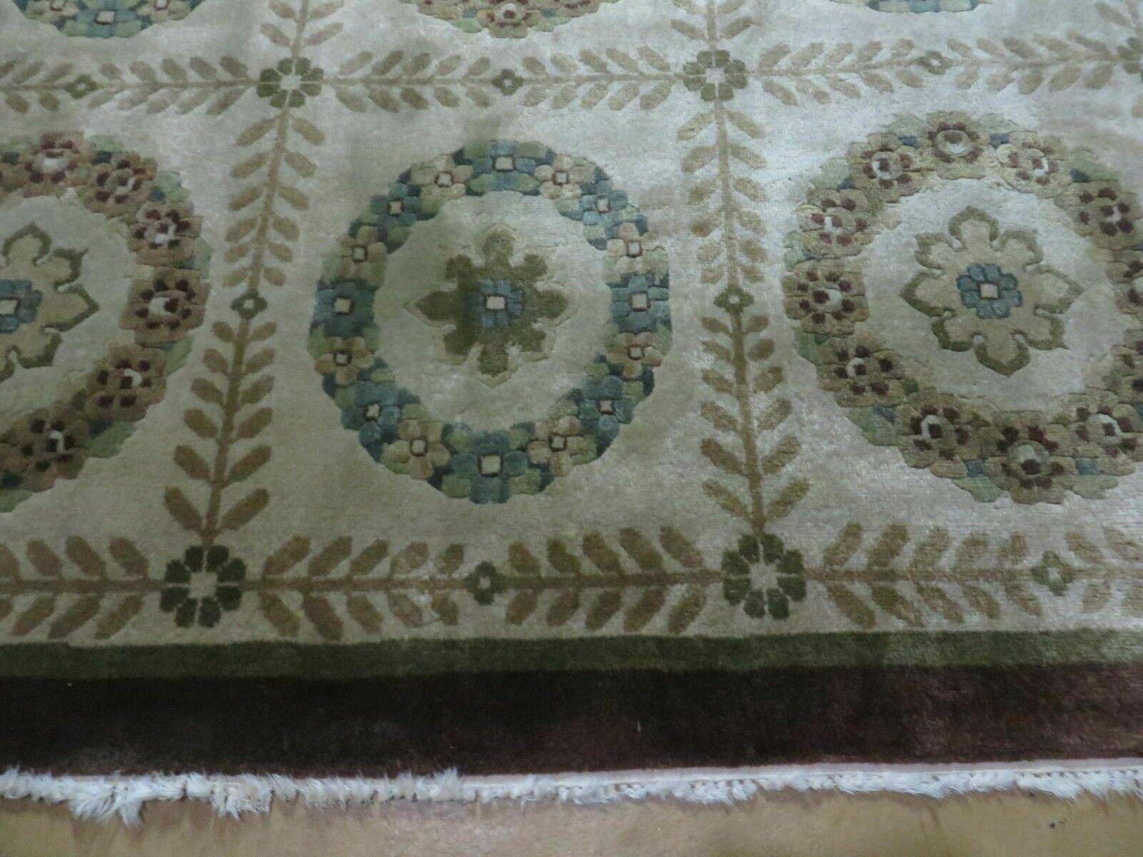 9' X 12' Modern Handmade Indo Lahore Wool Rug Art Deco Olive Ivory Nice Wow