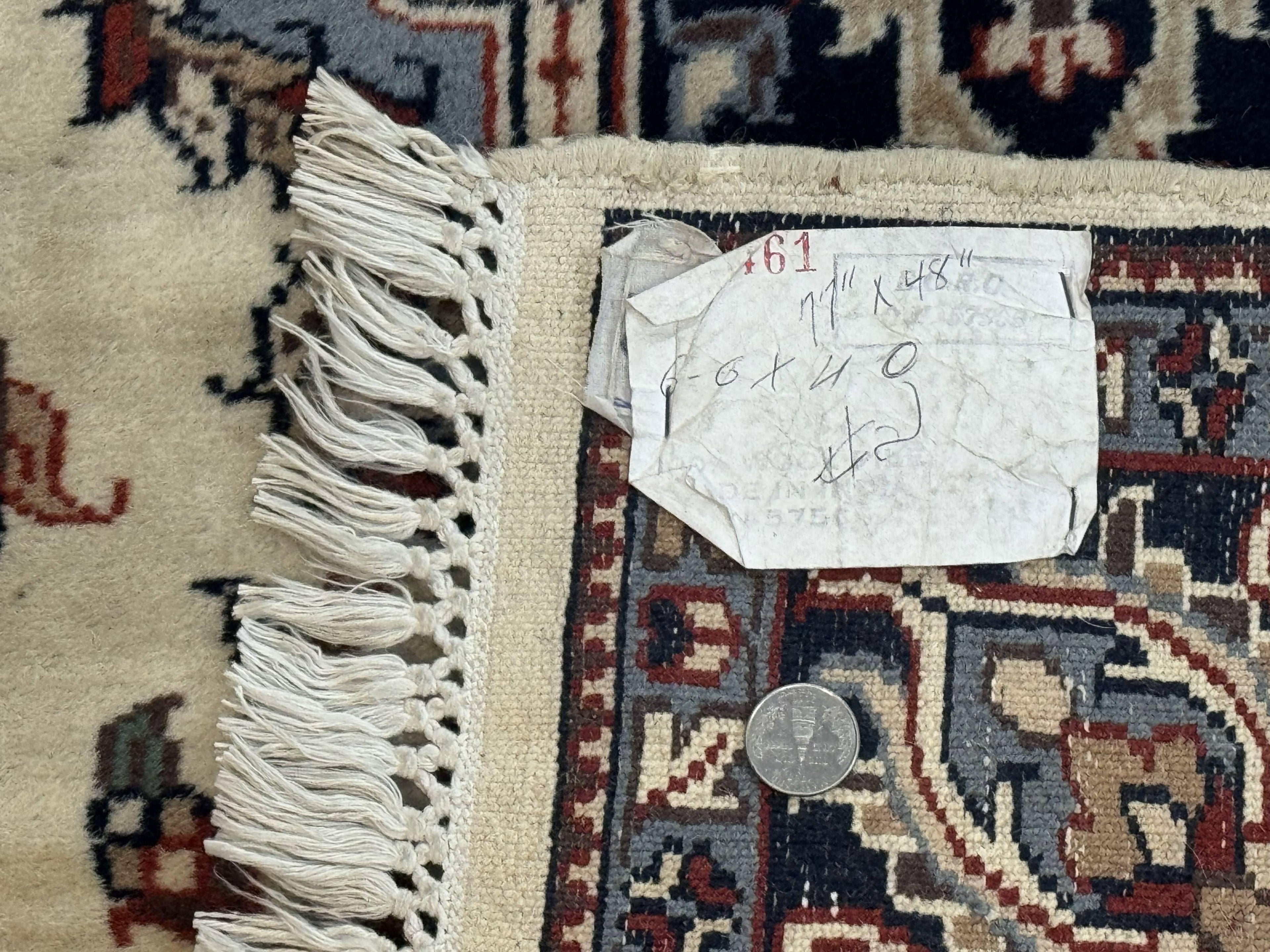 Indian Kashmiri Rug 4x6, Ivory Beige Navy Blue, Traditional Indo Persian Rug