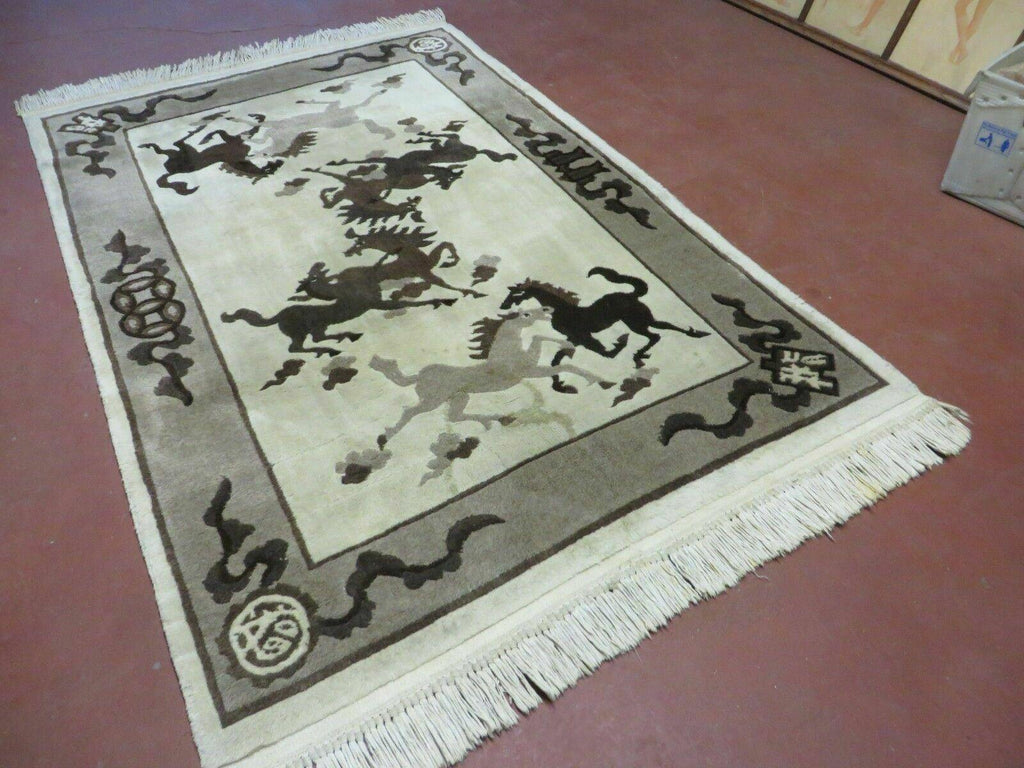 4' X 6' Modern Tibetan Nepal Art Deco Chinese Hand Knotted Wool Rug Horses Nice