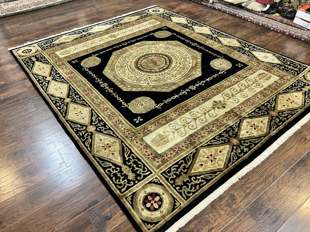 Tibetan Rug 8x10, Nepali Area Rug, Soft New Zealand Wool Carpet 8 x 10 ft, Black Tan Beige, Vintage Handmade Rug, French Aubusson Pattern