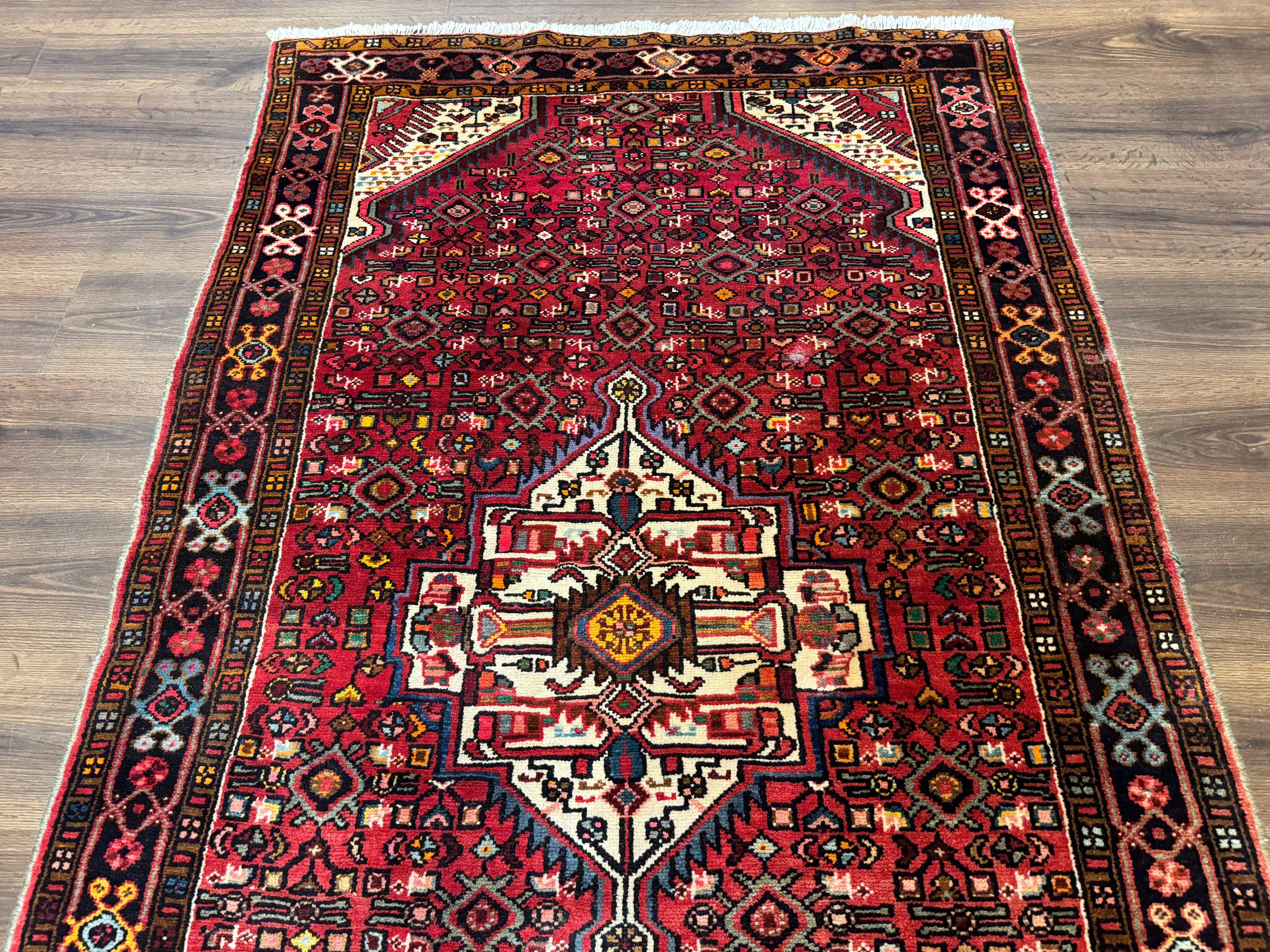 Persian Hamadan Rug 4x7, Tribal Village Malayer Carpet, Red and Ivory, Bohemian Antique