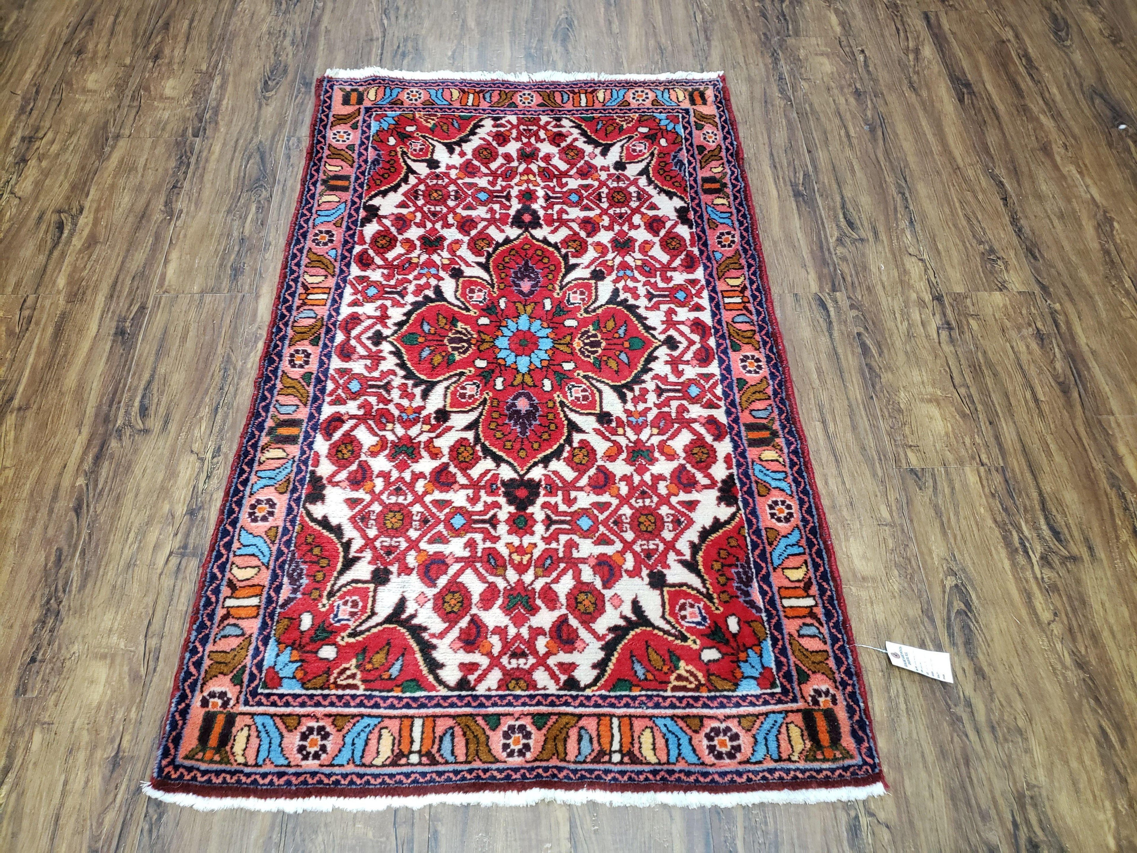 3' 2' X 5' 1" Handmade Floral Wool Rug Red Beige /Ivory